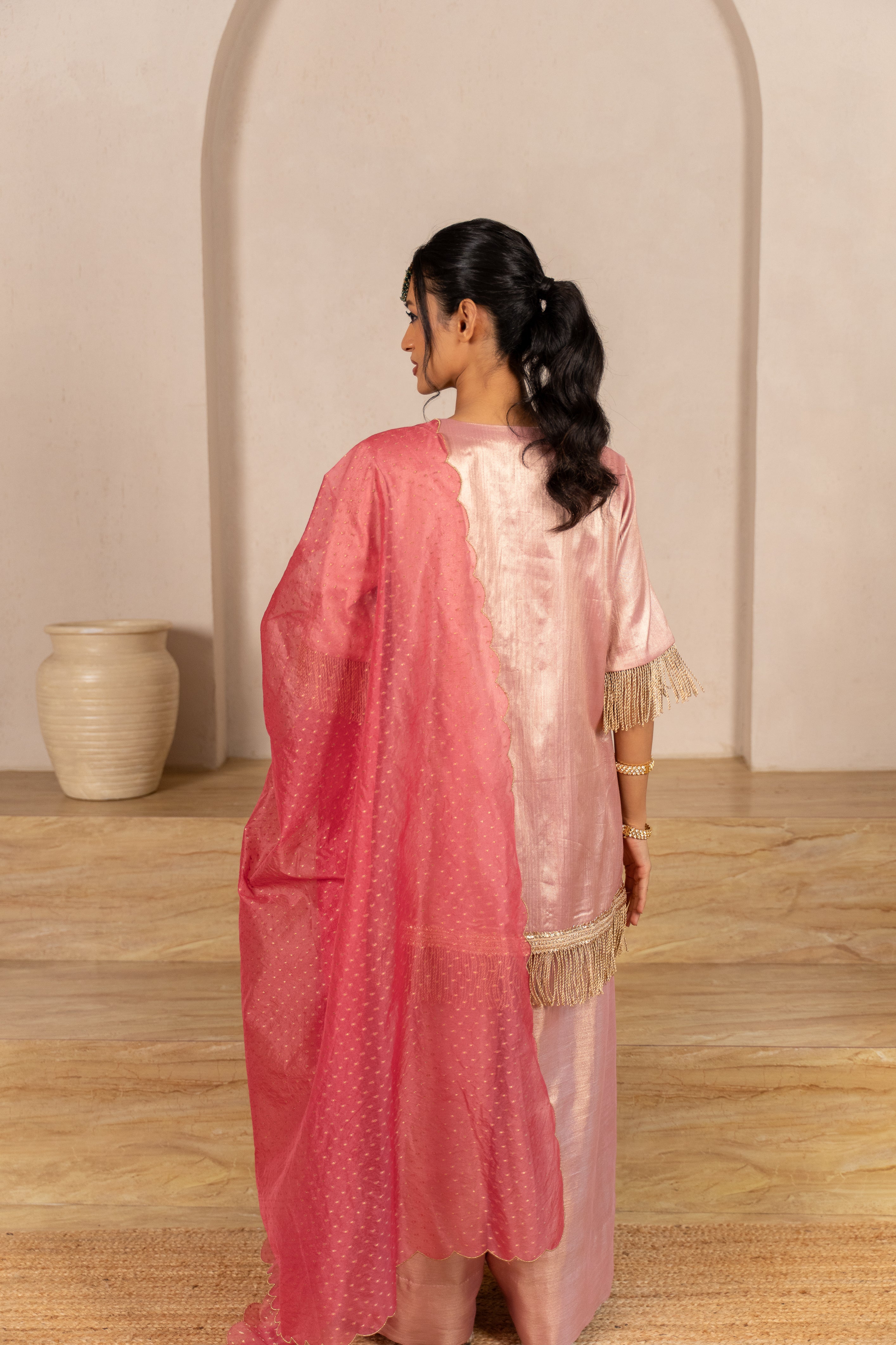 Gota Zari Yoke Twill kurta , Flared Salwar Pants & Banarasi Organza Dupatta