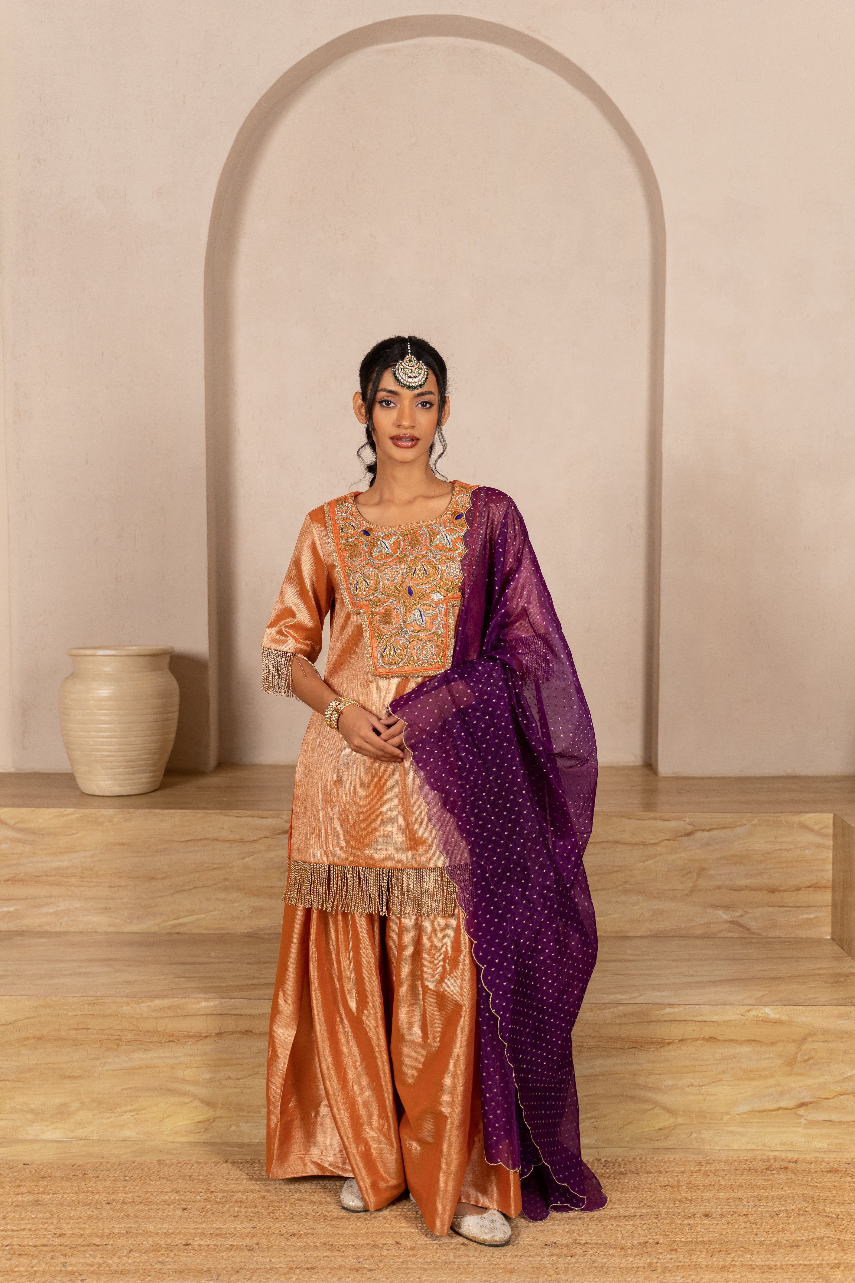 Gota Zari Yoke Twill kurta , Flared Salwar Pants & Banarasi Organza Dupatta