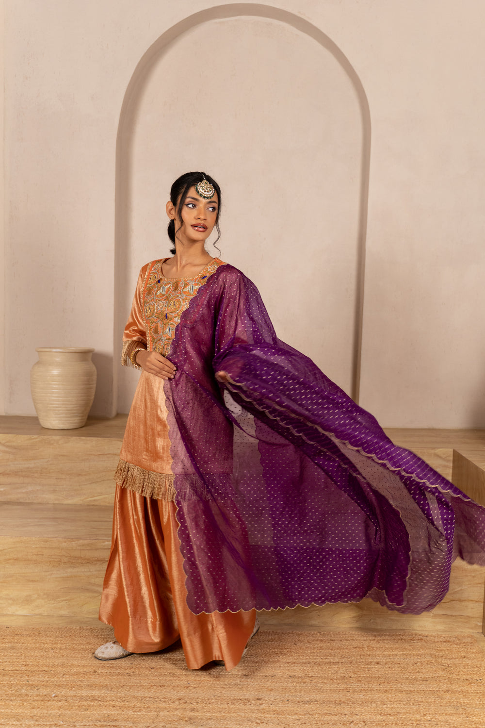 Gota Zari Yoke Twill kurta , Flared Salwar Pants & Banarasi Organza Dupatta