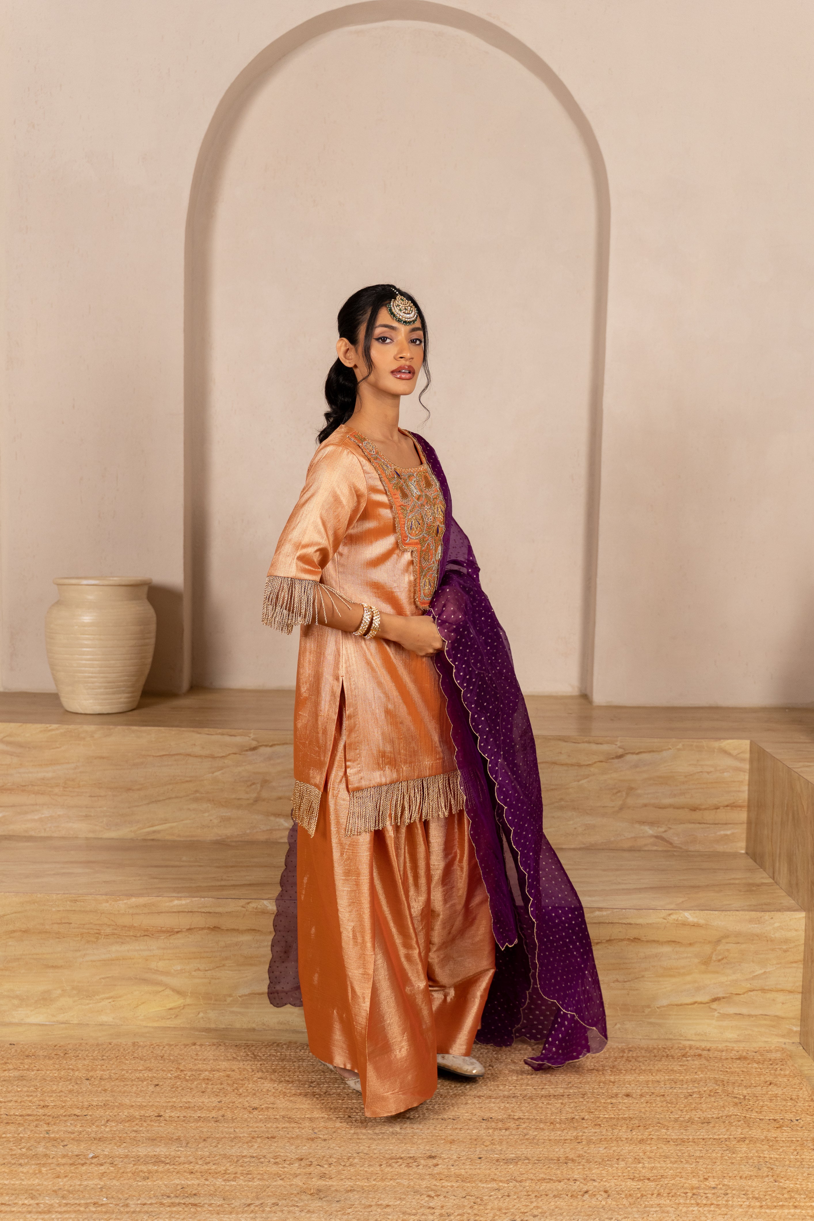 Gota Zari Yoke Twill kurta , Flared Salwar Pants & Banarasi Organza Dupatta