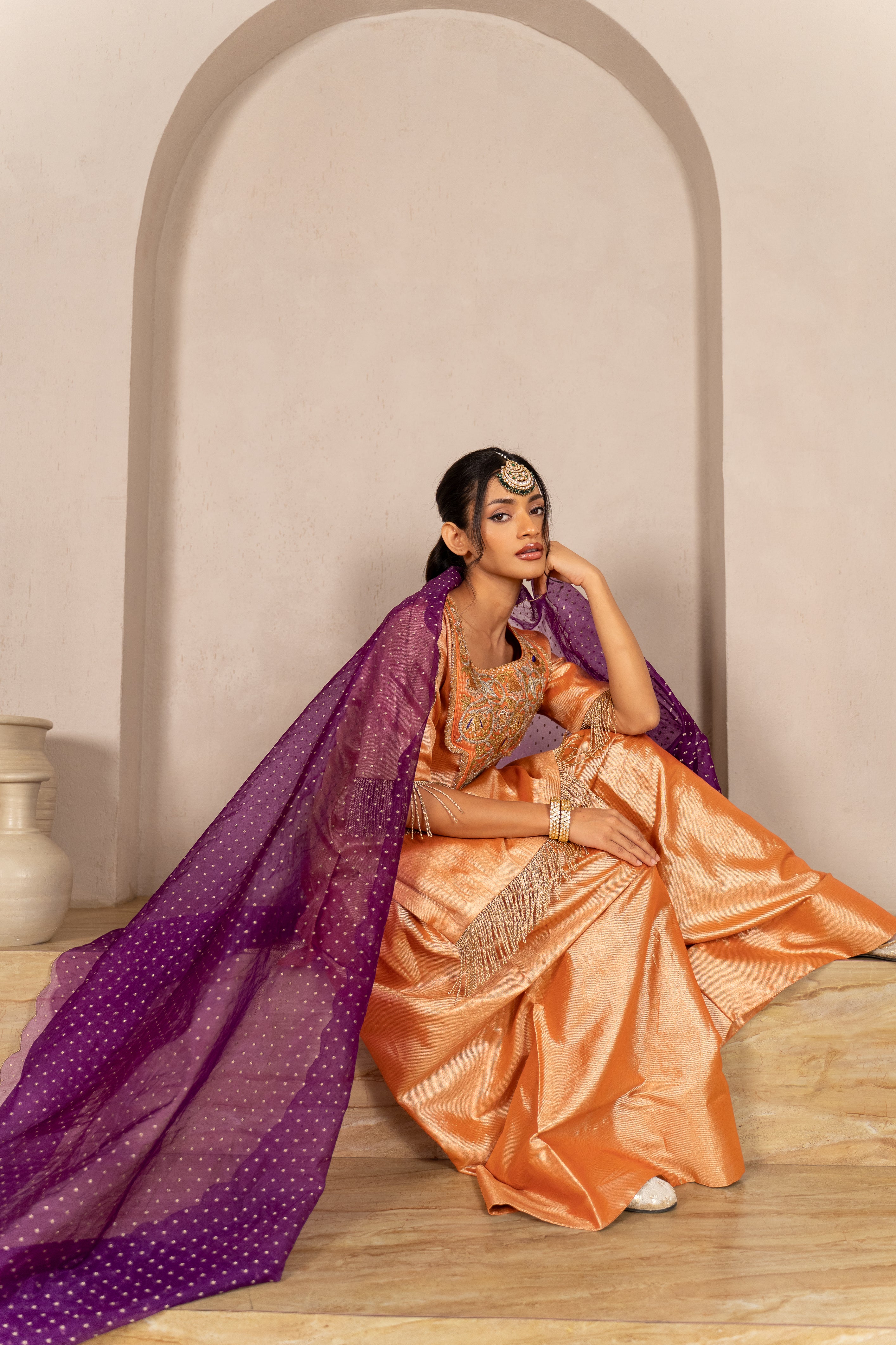 Gota Zari Yoke Twill kurta , Flared Salwar Pants & Banarasi Organza Dupatta