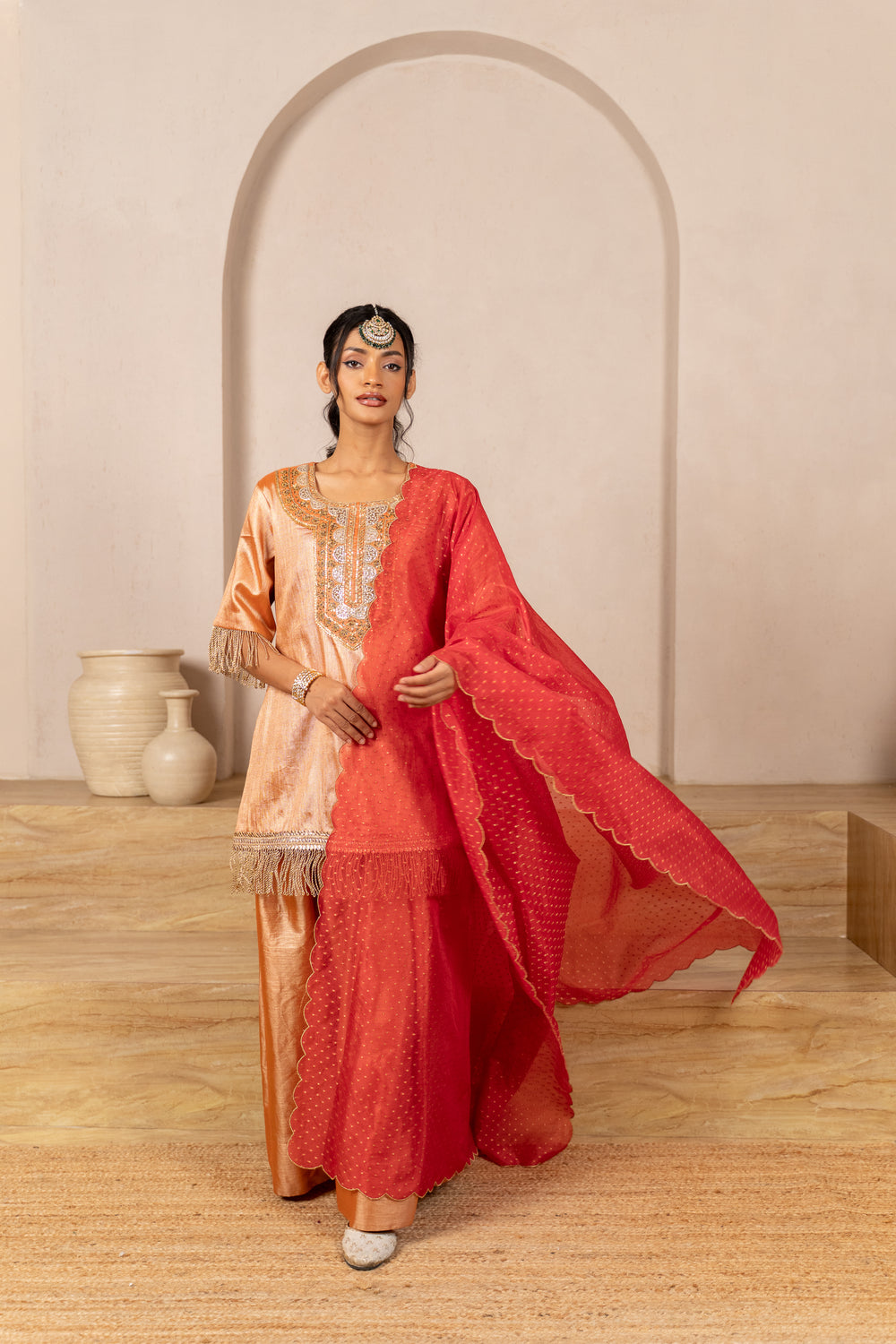 Gota Zari Yoke Twill kurta , Flared Salwar Pants & Banarasi Organza Dupatta