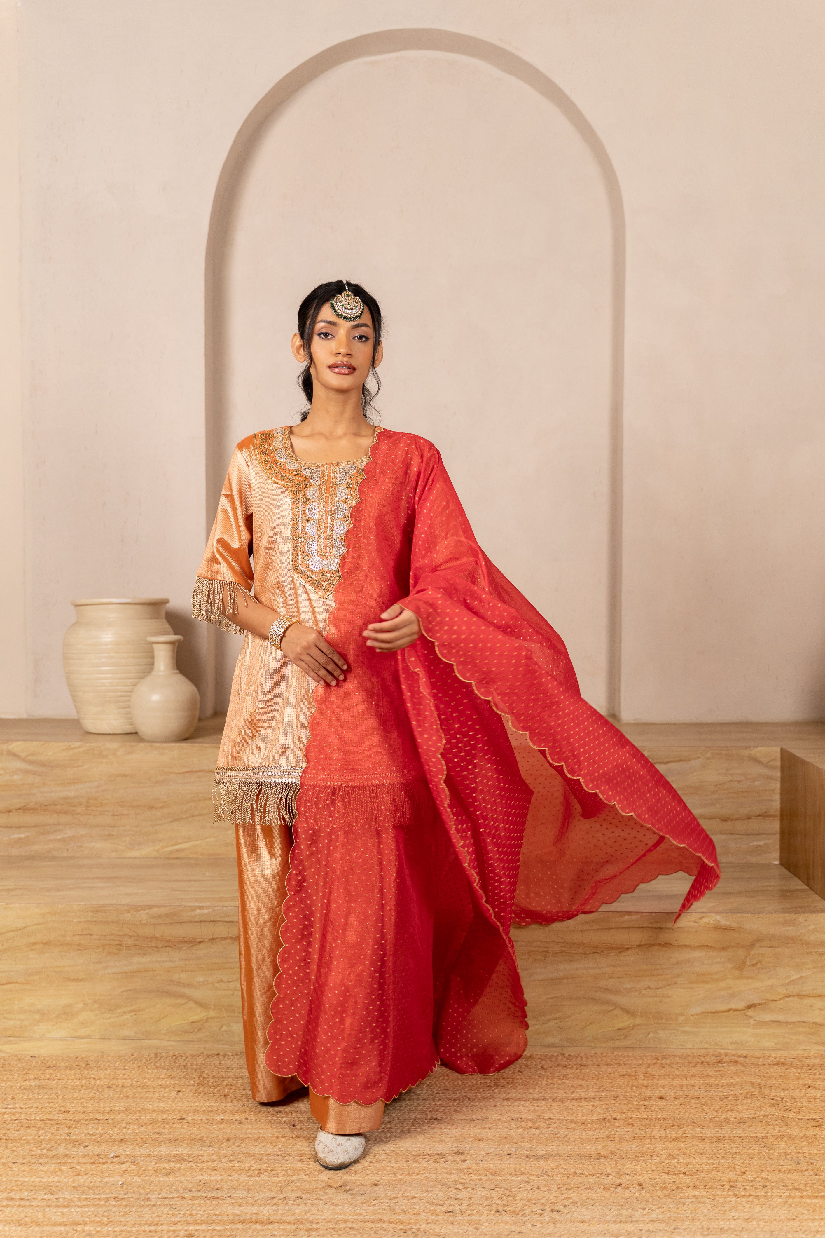 Gota Zari Yoke Twill kurta , Flared Salwar Pants & Banarasi Organza Dupatta