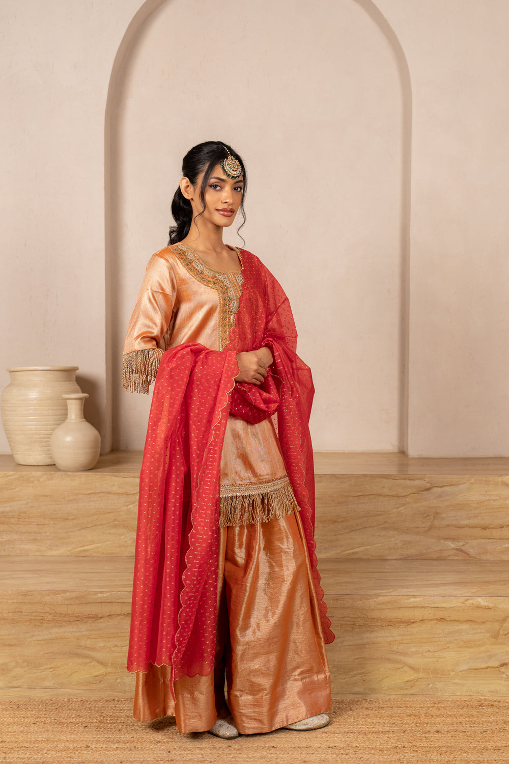 Gota Zari Yoke Twill kurta , Flared Salwar Pants & Banarasi Organza Dupatta