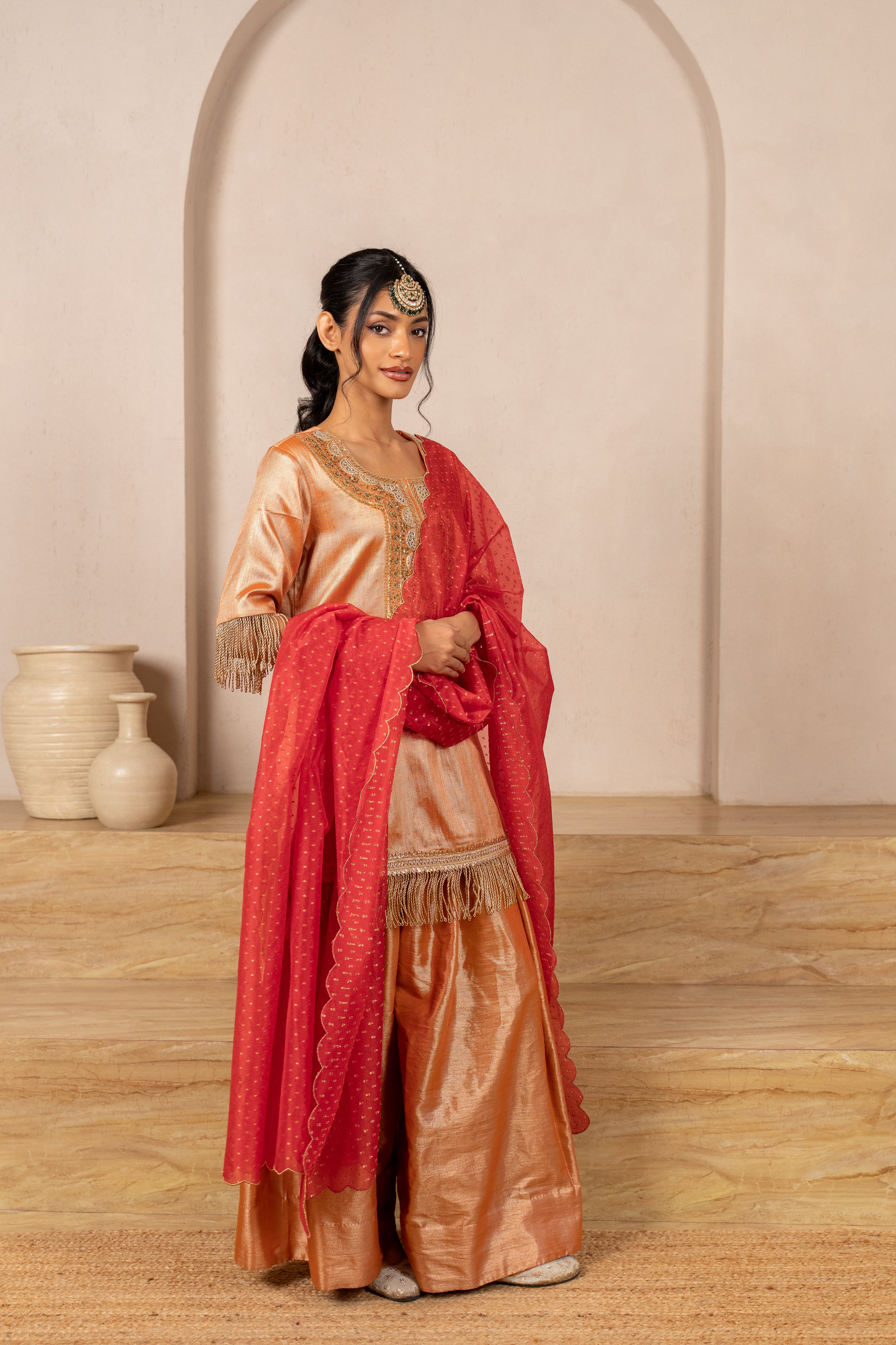 Gota Zari Yoke Twill kurta , Flared Salwar Pants & Banarasi Organza Dupatta