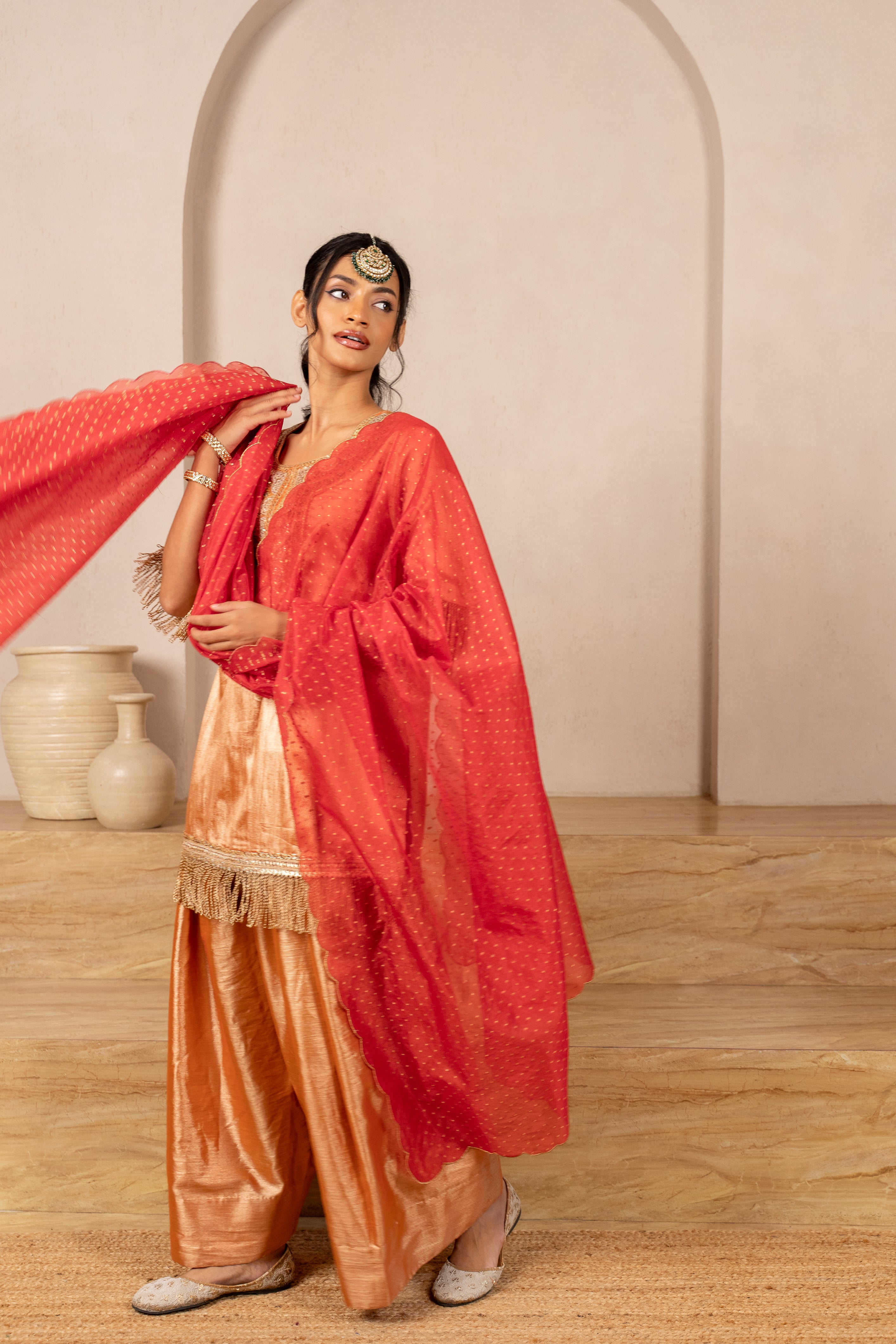 Gota Zari Yoke Twill kurta , Flared Salwar Pants & Banarasi Organza Dupatta