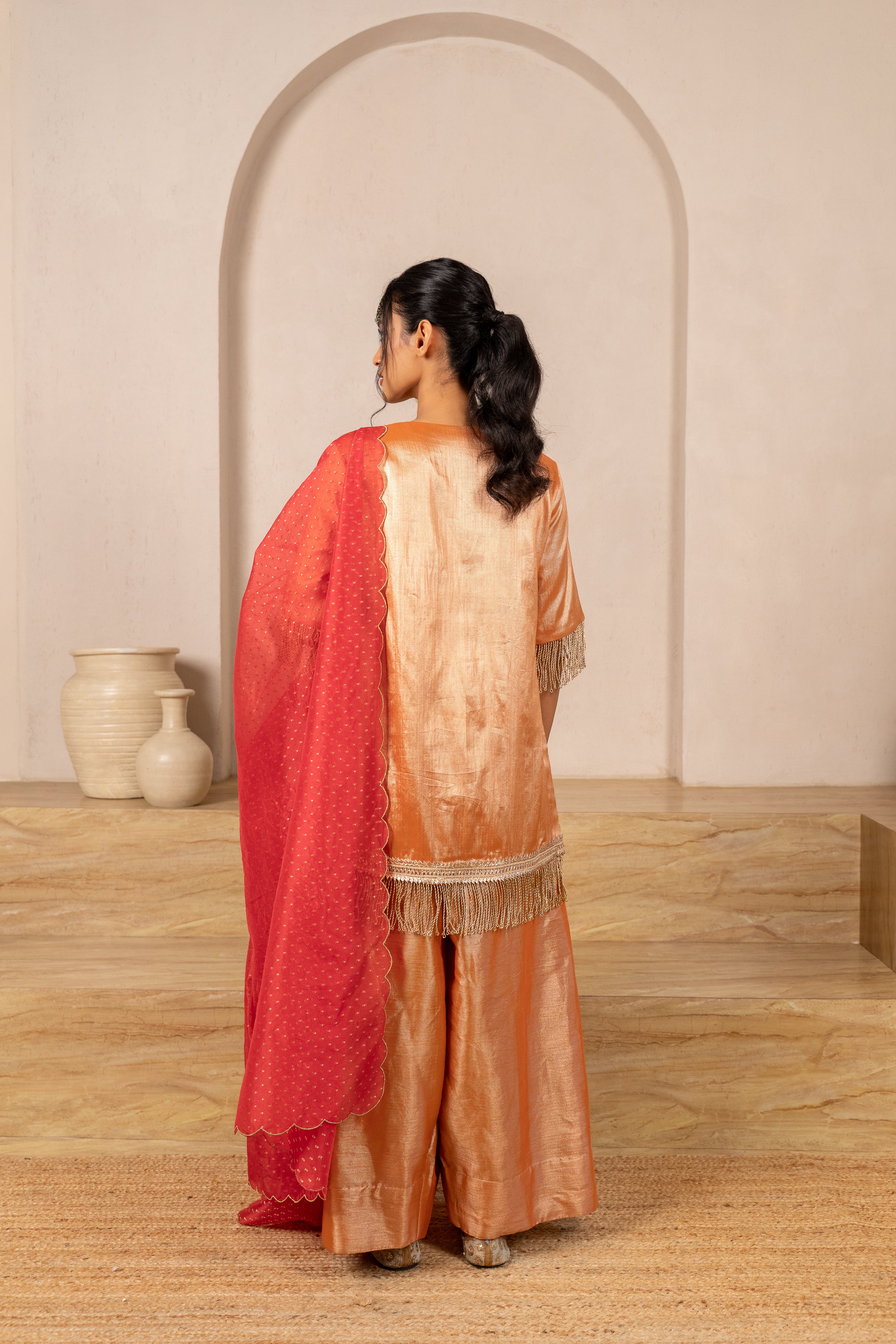 Gota Zari Yoke Twill kurta , Flared Salwar Pants & Banarasi Organza Dupatta