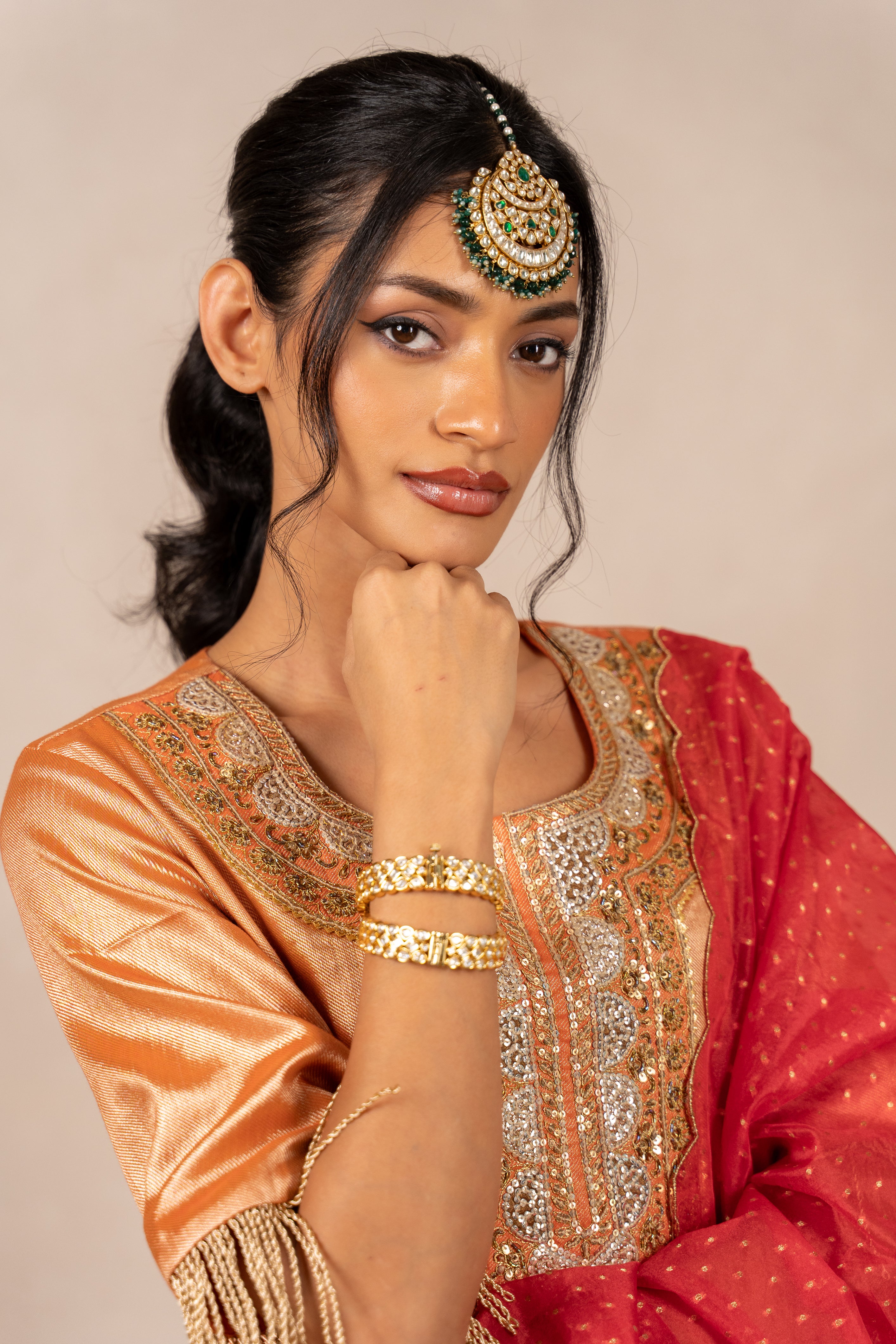 Gota Zari Yoke Twill kurta , Flared Salwar Pants & Banarasi Organza Dupatta