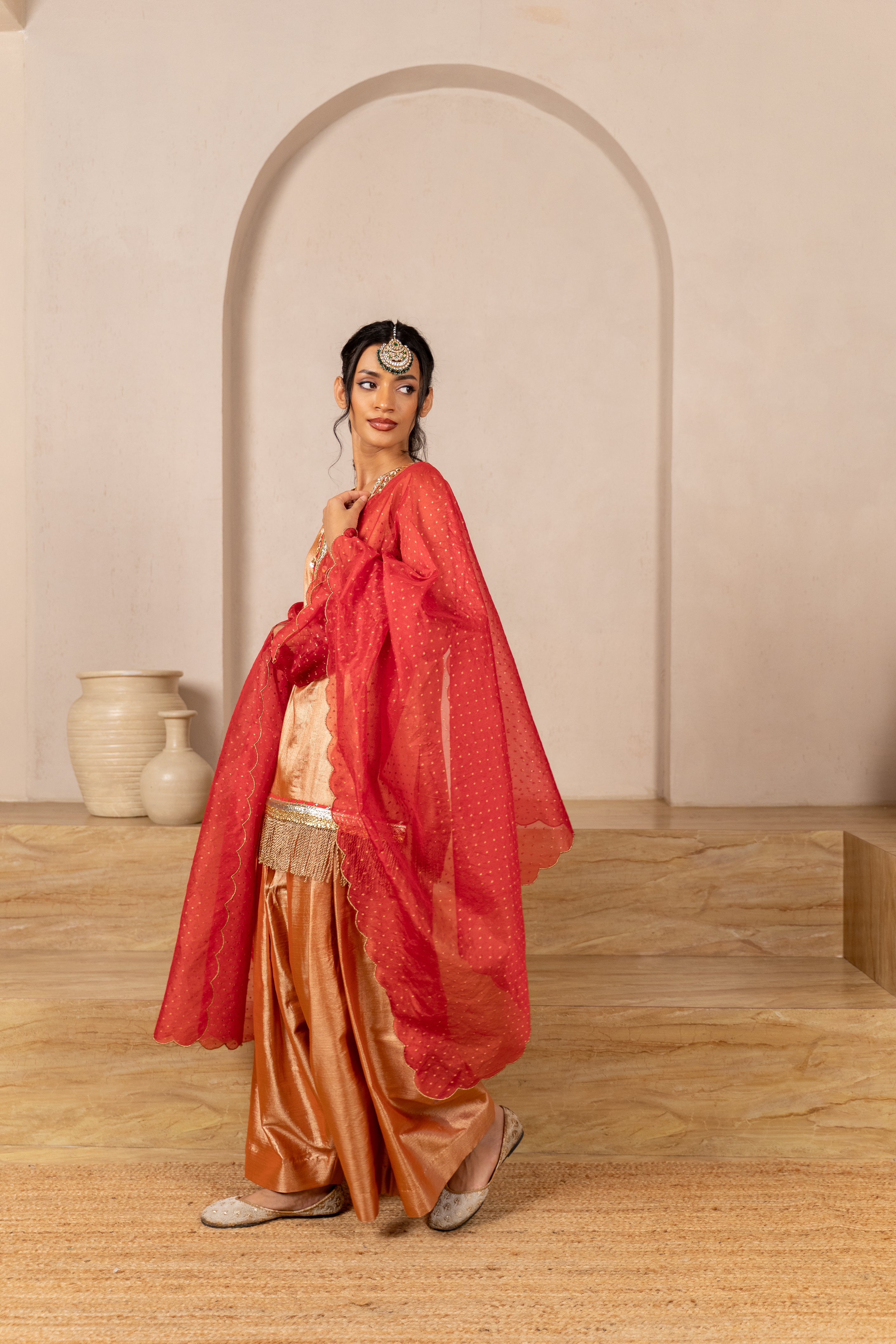 Chamak Sleeveless Twill kurta , Pants & Banarasi Organza Dupatta