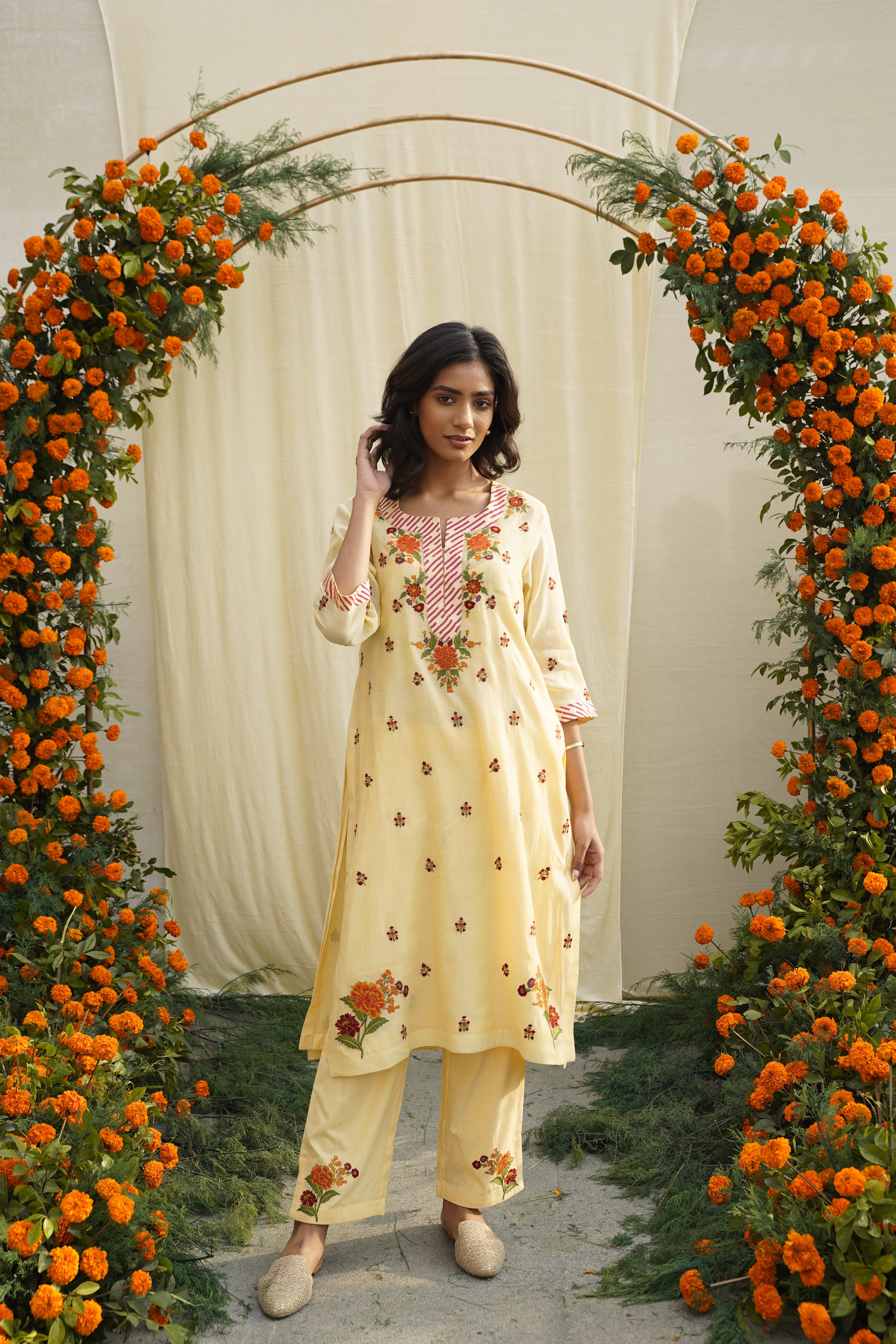 Chanderi silk kurta with front and back single thread embroidery and print accents &; embroidered pants.