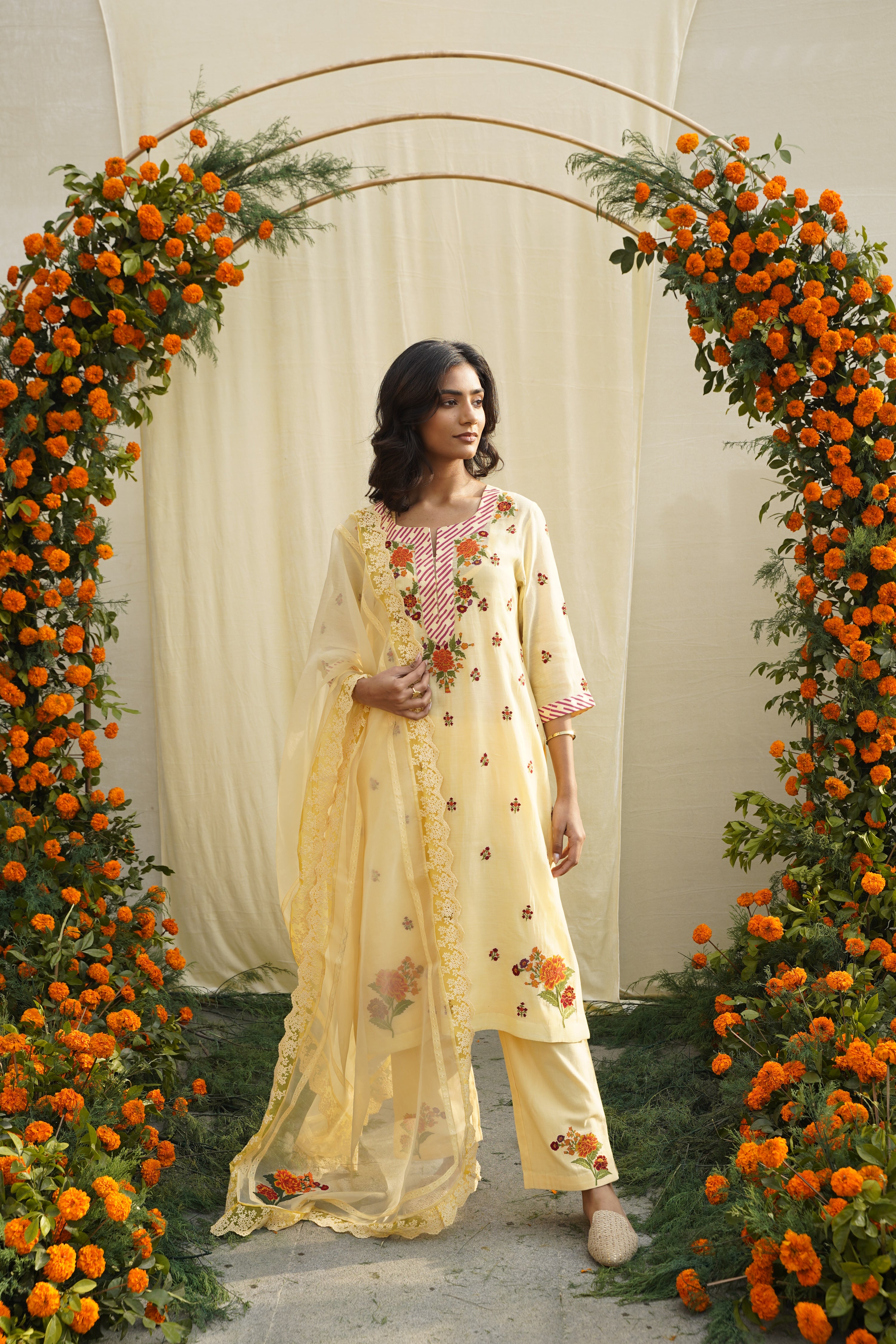 Chanderi silk kurta with front and back single thread embroidery and print accents &; embroidered pants.