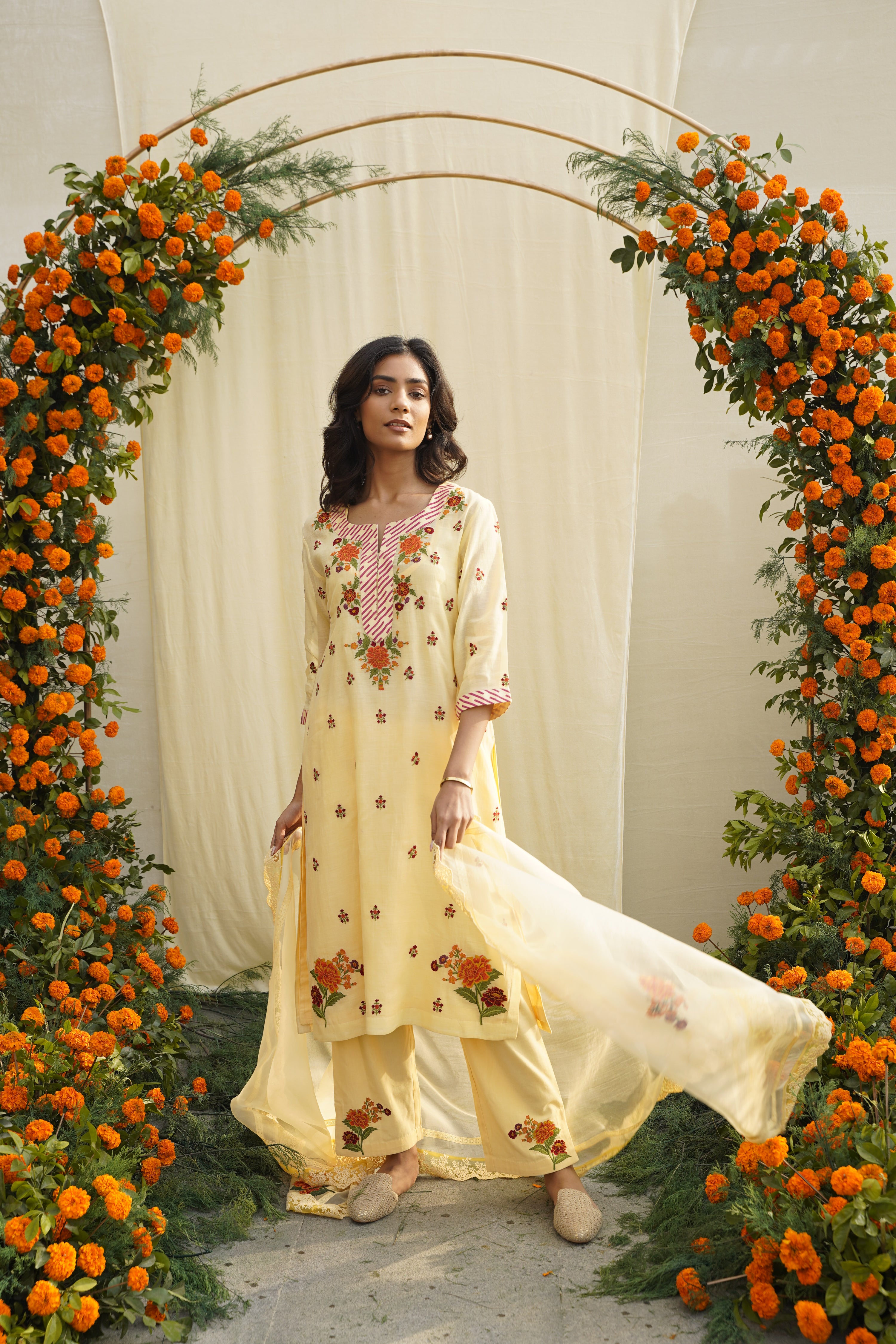 Chanderi silk kurta with front and back single thread embroidery and print accents &; embroidered pants.