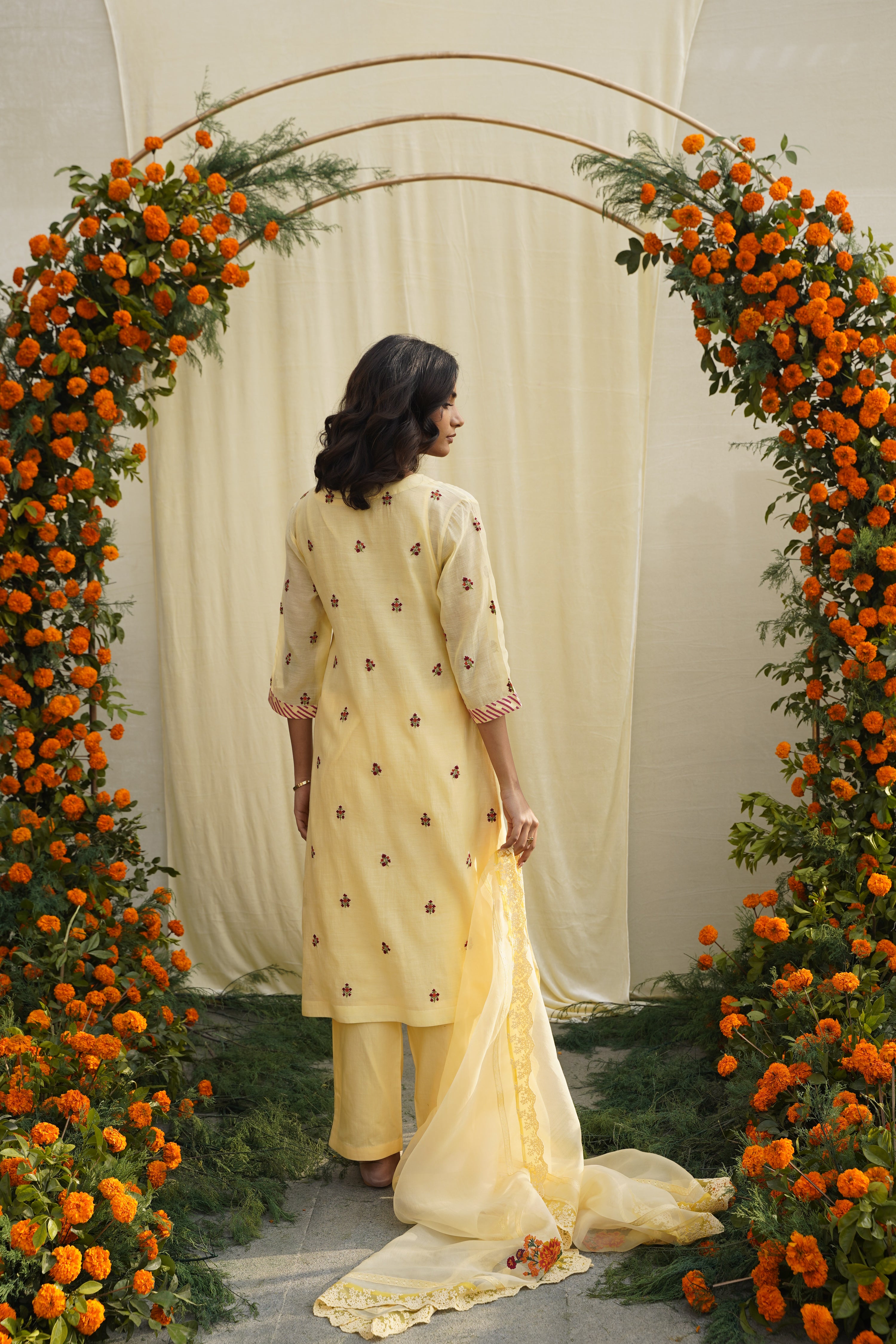 Chanderi silk kurta with front and back single thread embroidery and print accents &; embroidered pants.