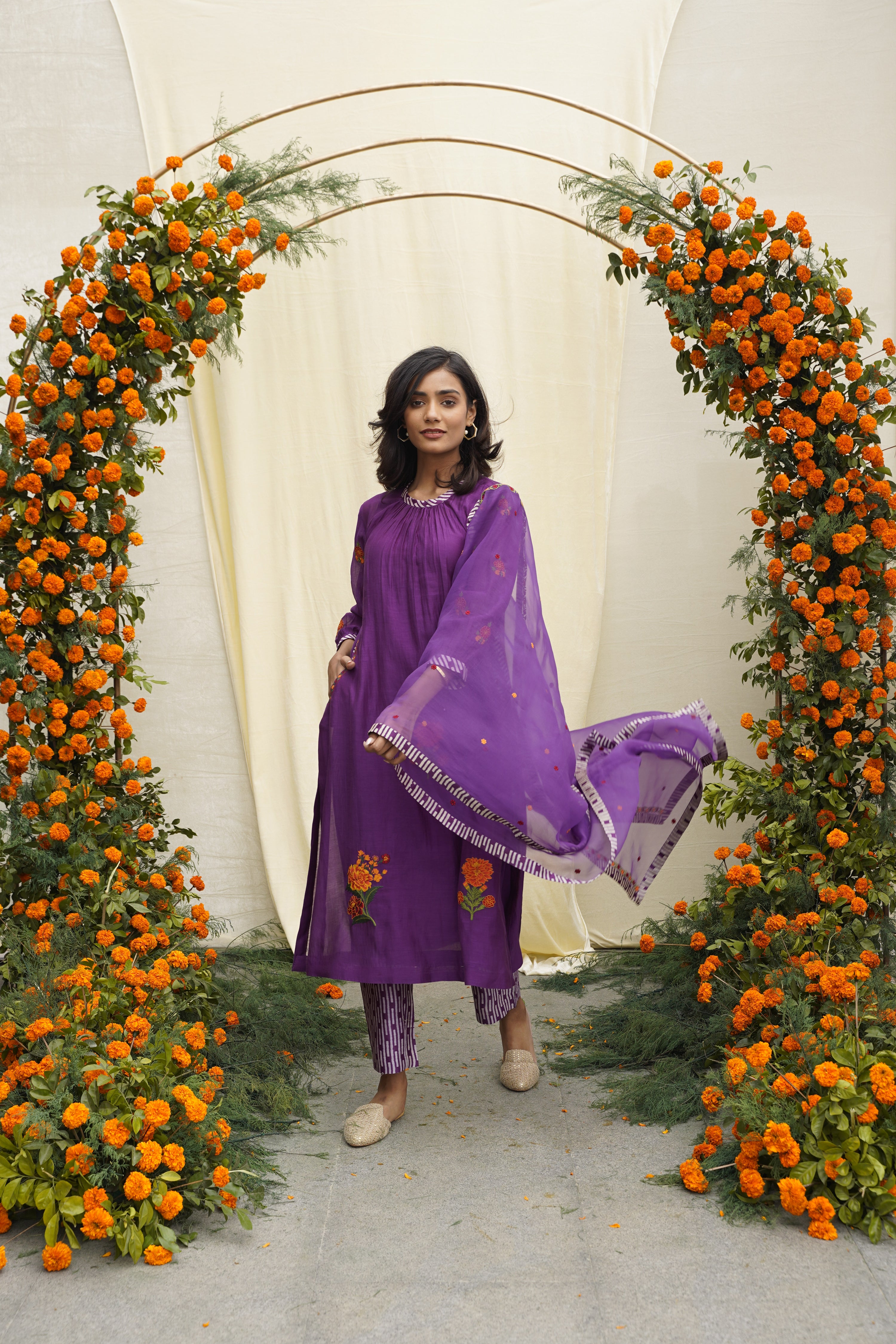 Chanderi silk kurta with neck rooching & single thread embroidery , print accents , pockets & printed pants.