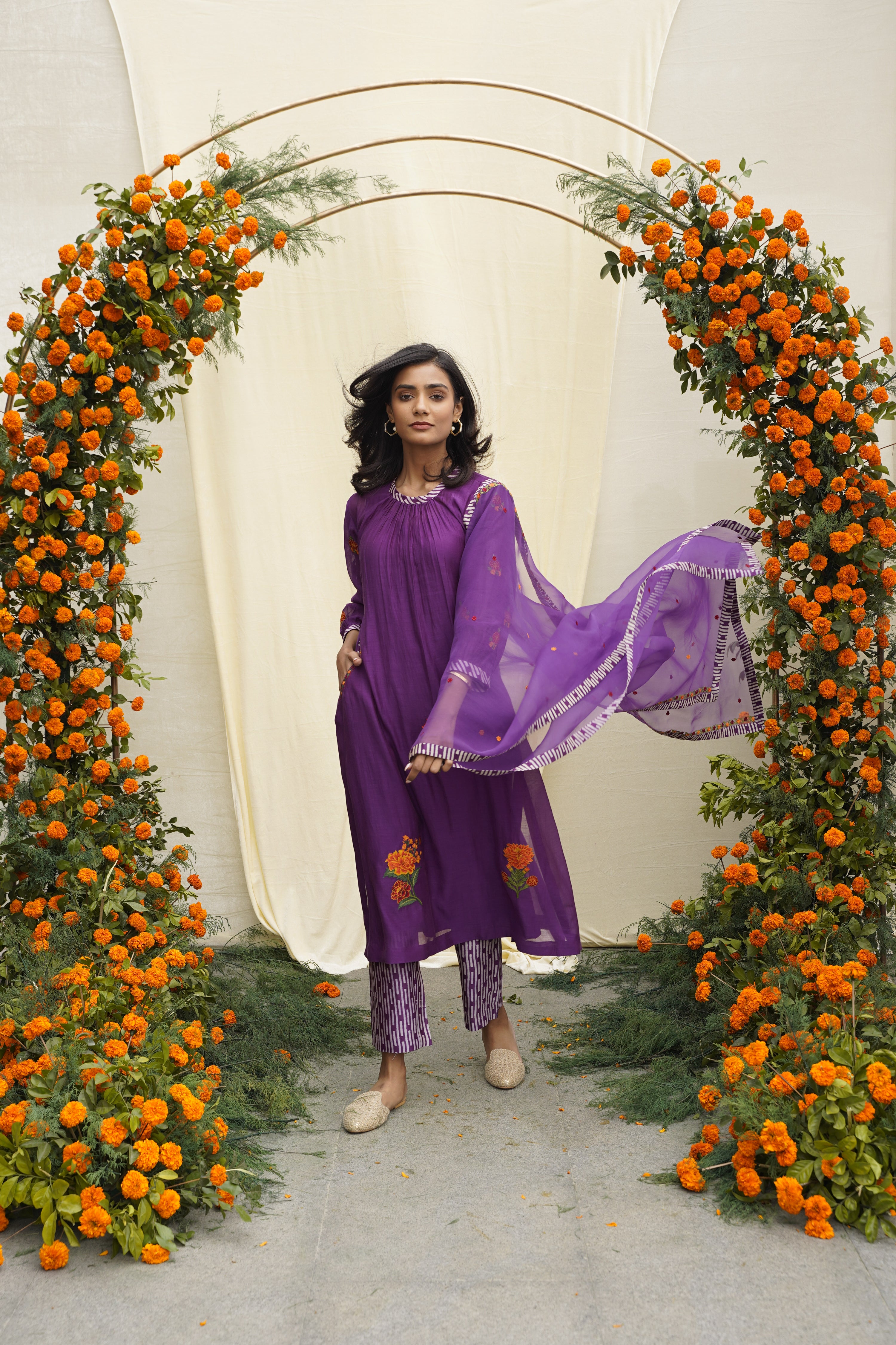 Chanderi silk kurta with neck rooching & single thread embroidery , print accents , pockets & printed pants.