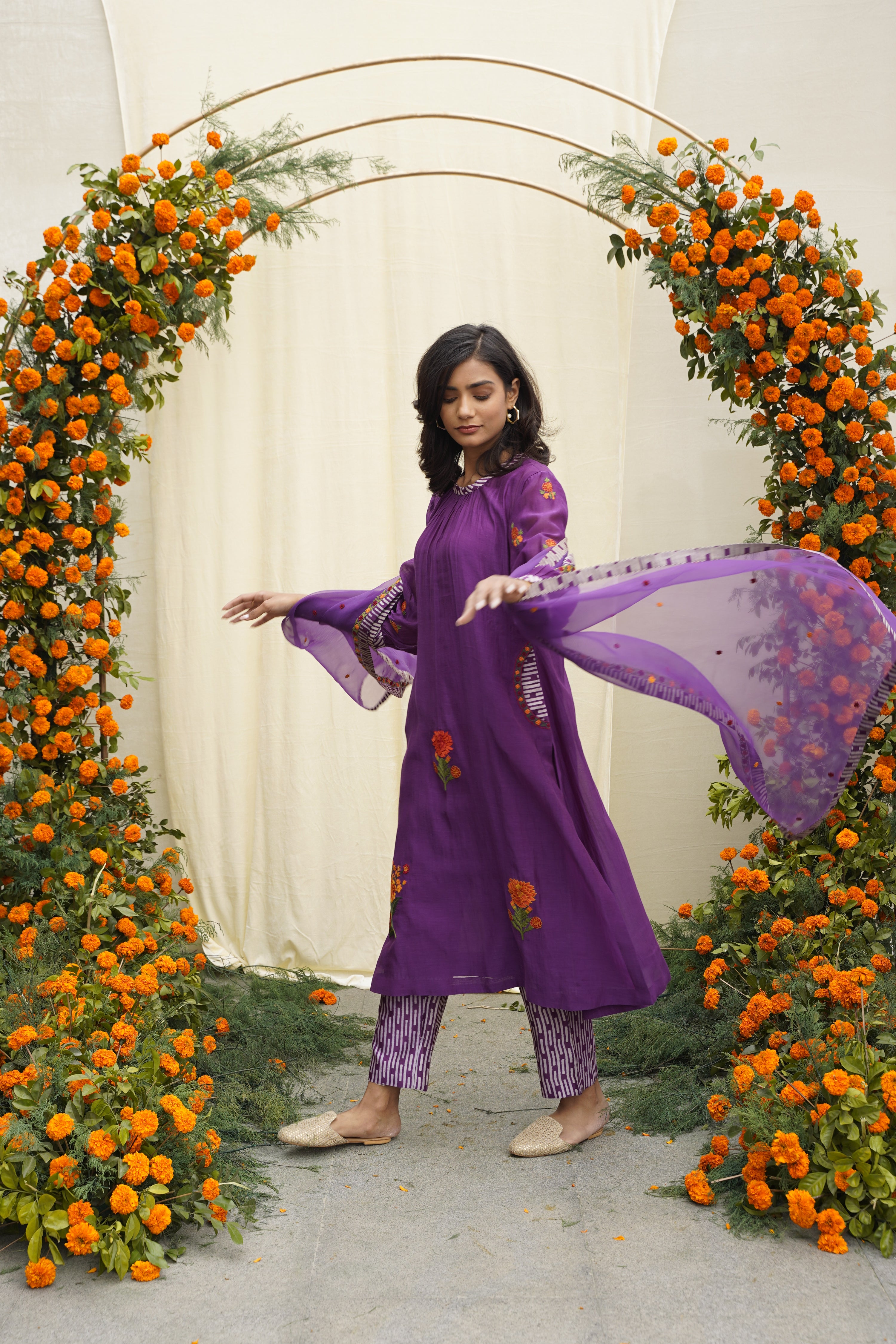 Chanderi silk kurta with neck rooching & single thread embroidery , print accents , pockets & printed pants.