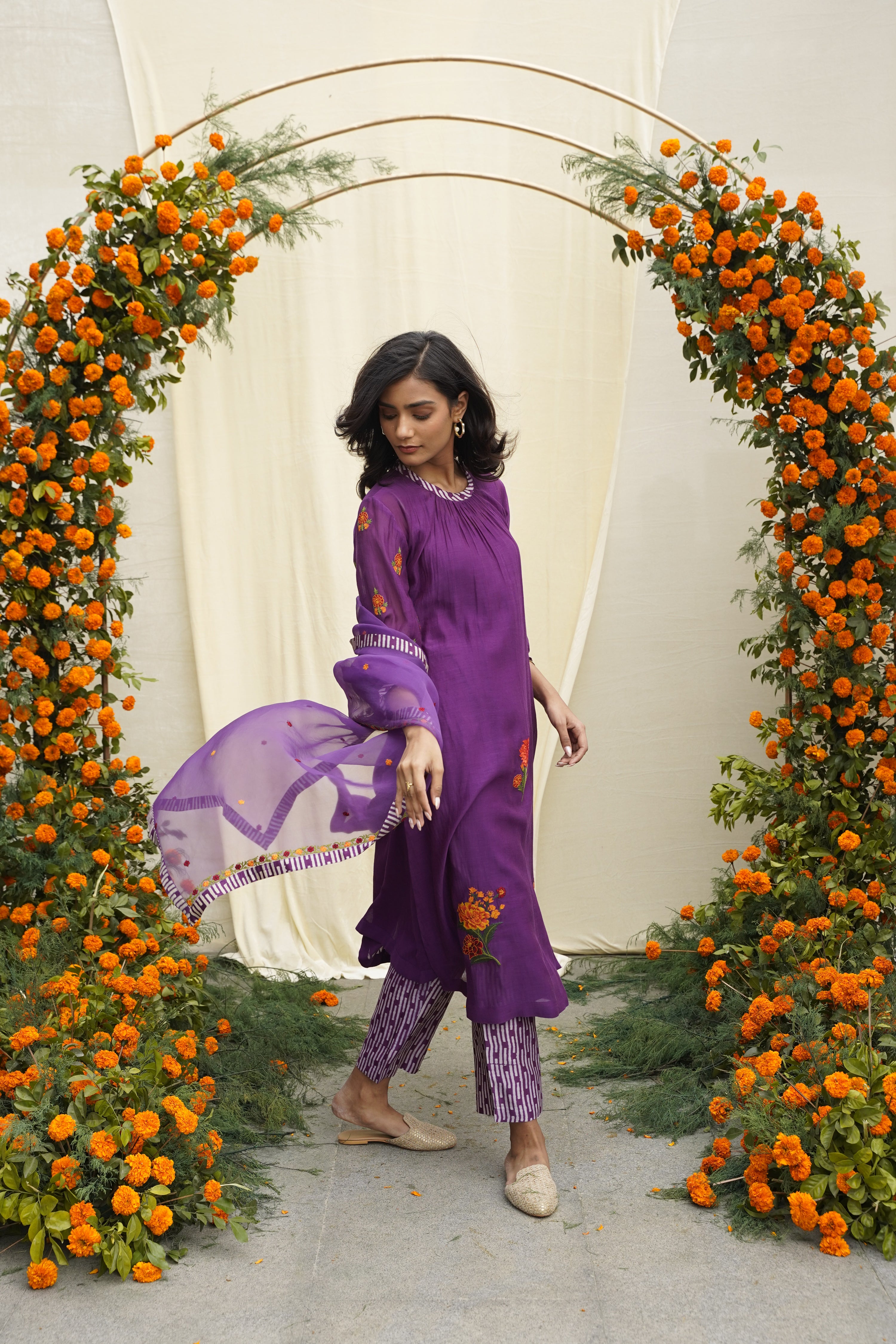 Chanderi silk kurta with neck rooching & single thread embroidery , print accents , pockets & printed pants.