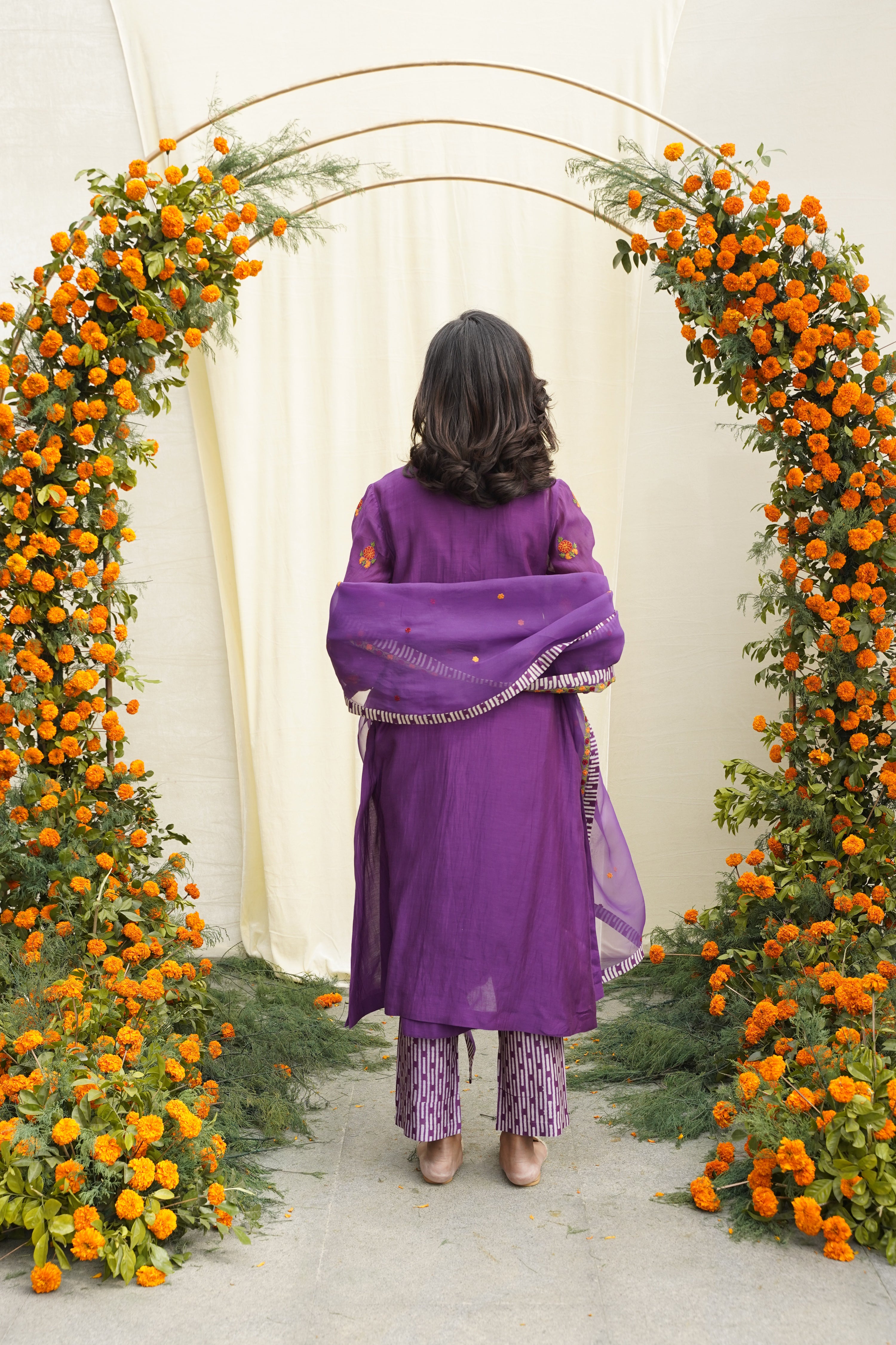 Chanderi silk kurta with neck rooching & single thread embroidery , print accents , pockets & printed pants.