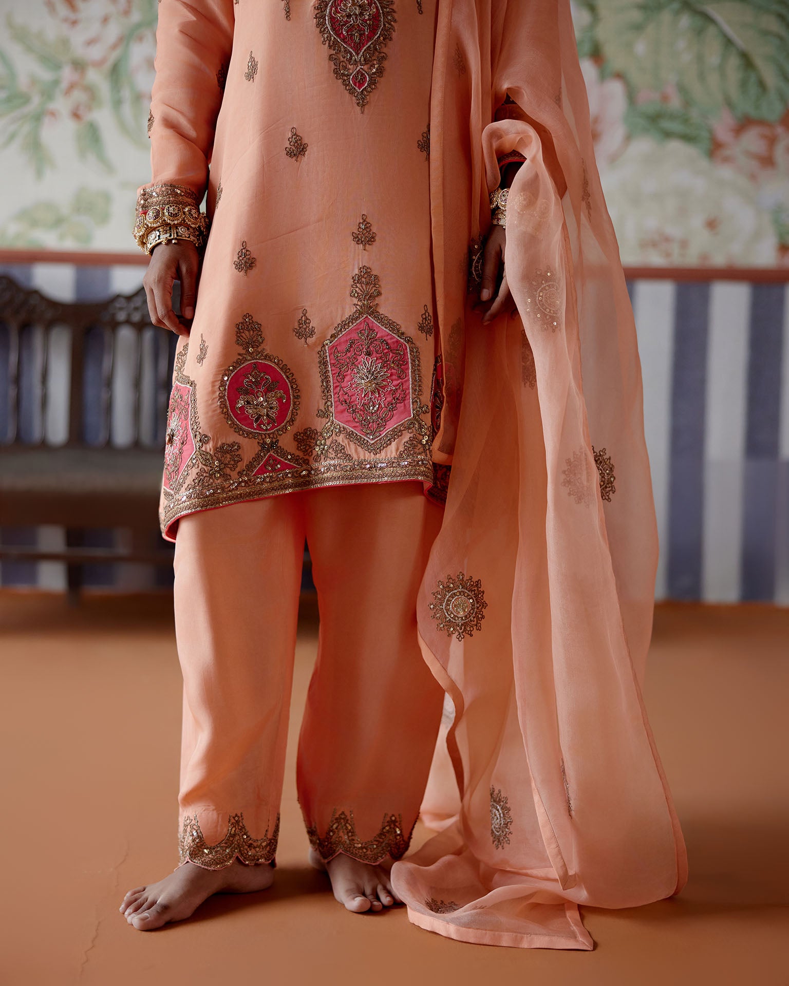 Embroidered Kurta with tissue patches, embroidered pants and dupatta