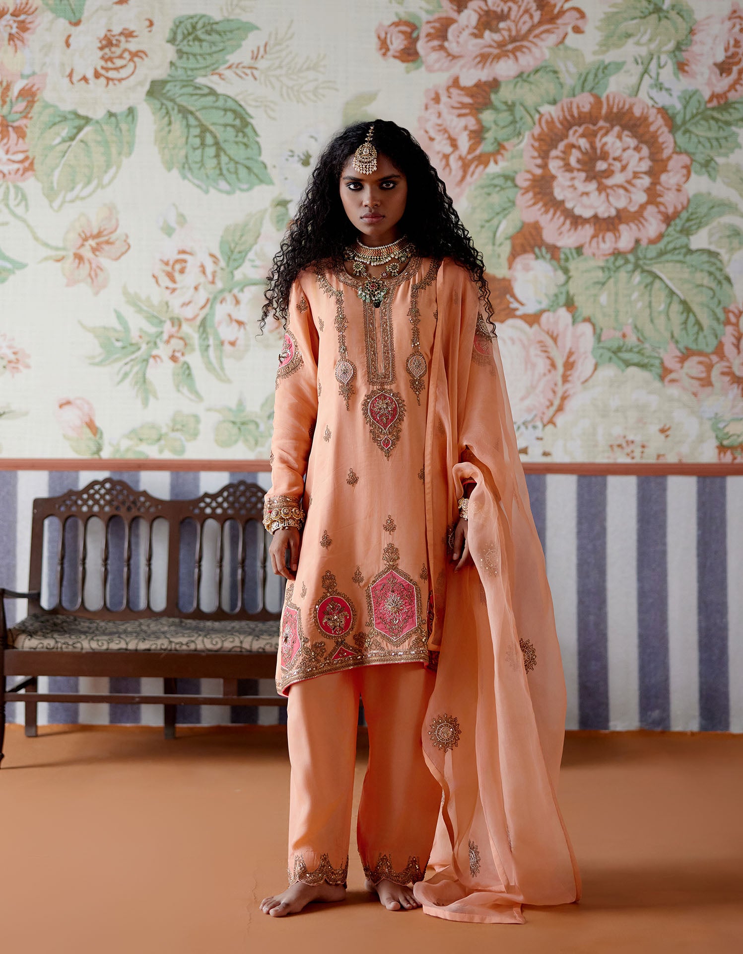 Embroidered Kurta with tissue patches, embroidered pants and dupatta