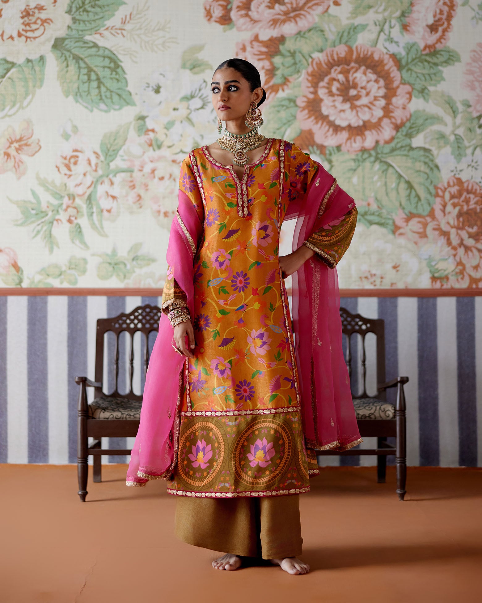 Tissue kurta with pants and contrast Organza embroidered dupatta