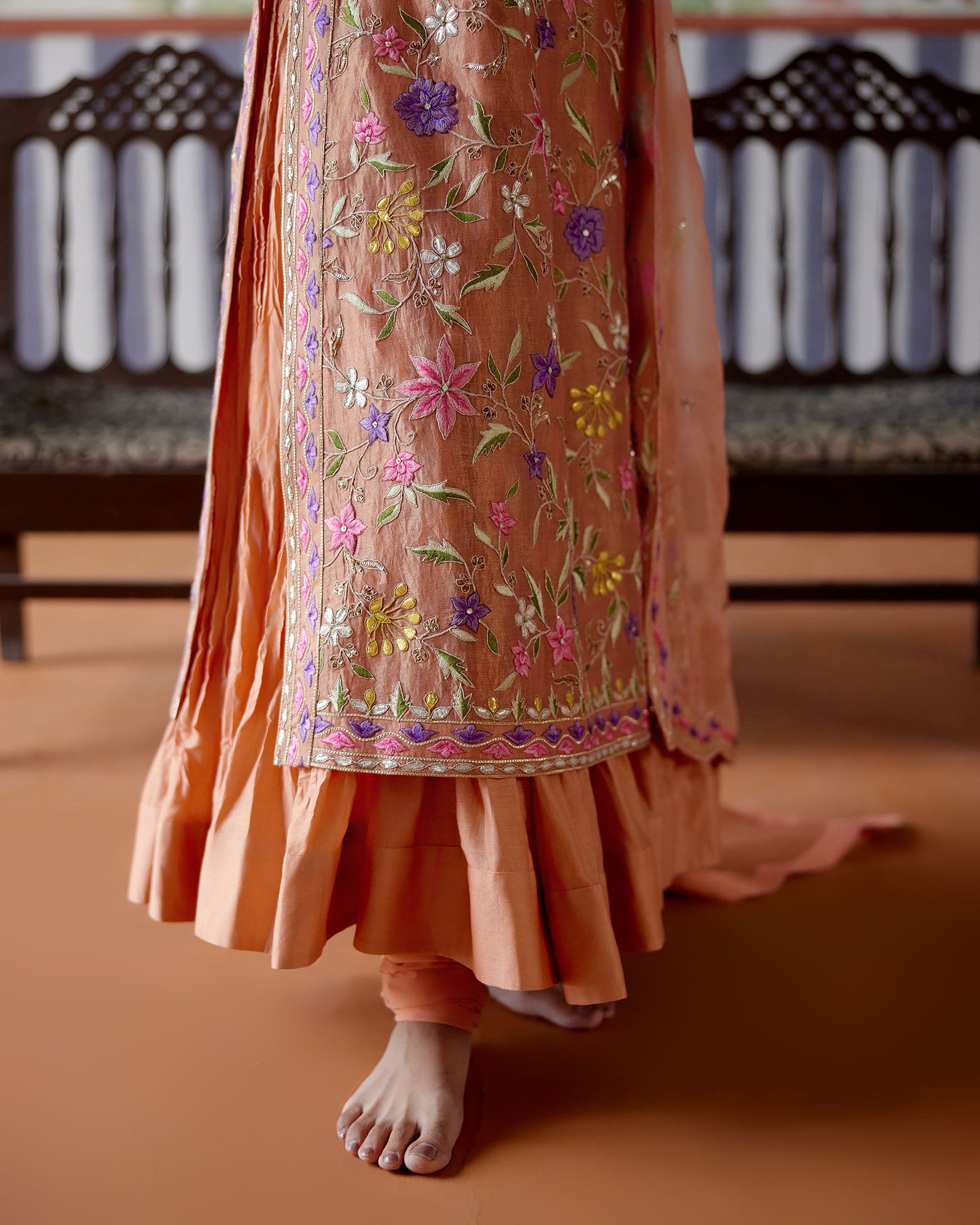 Tissue kurta with Thread embroidery , Crushed Chanderi inner, Net churidaar&nbsp; and Organza embroidered dupatta&nbsp;