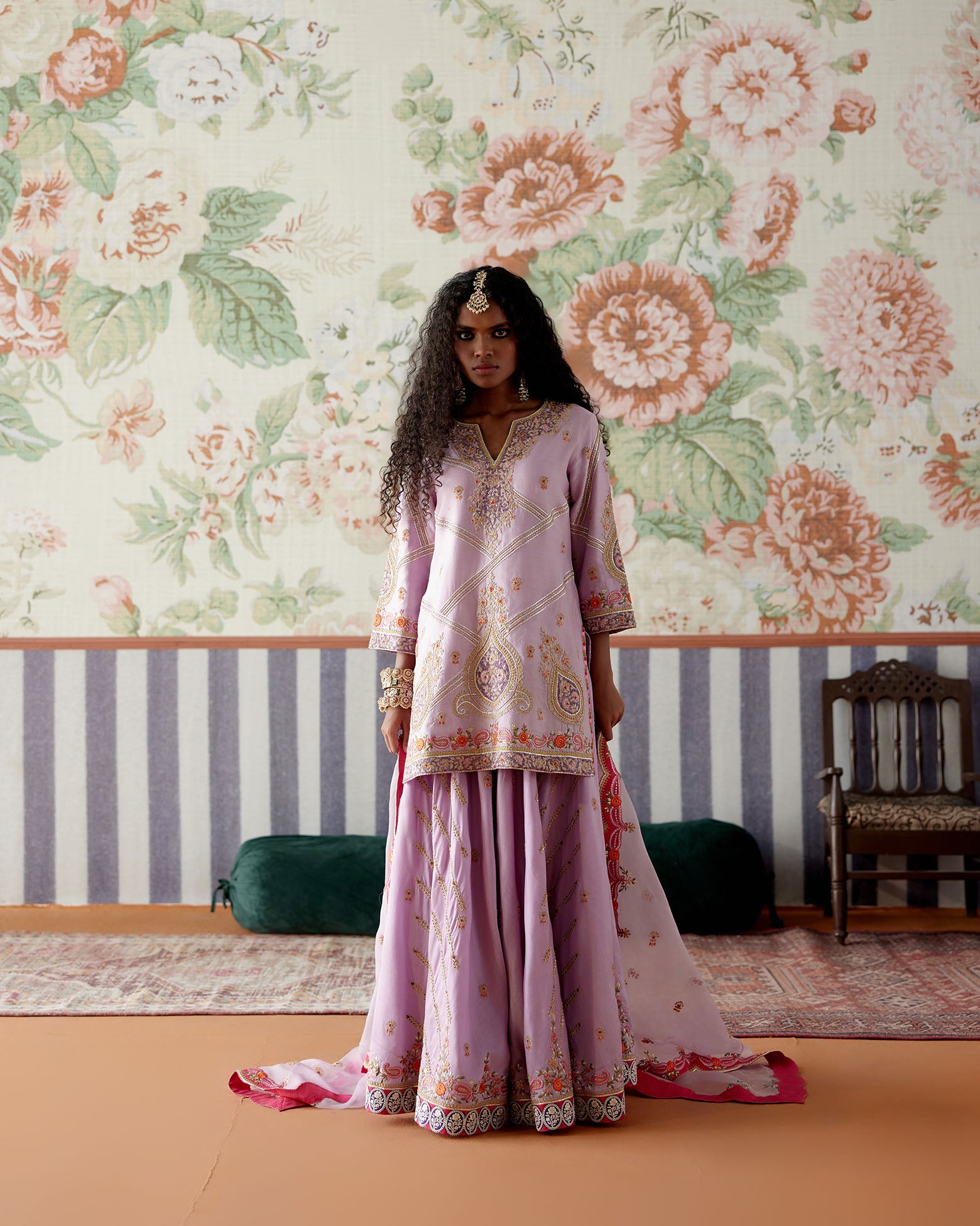 Gota ,Thread , Marori and Sequin embroidered kurta with Embroidered Sharara alongwith organza dupattta