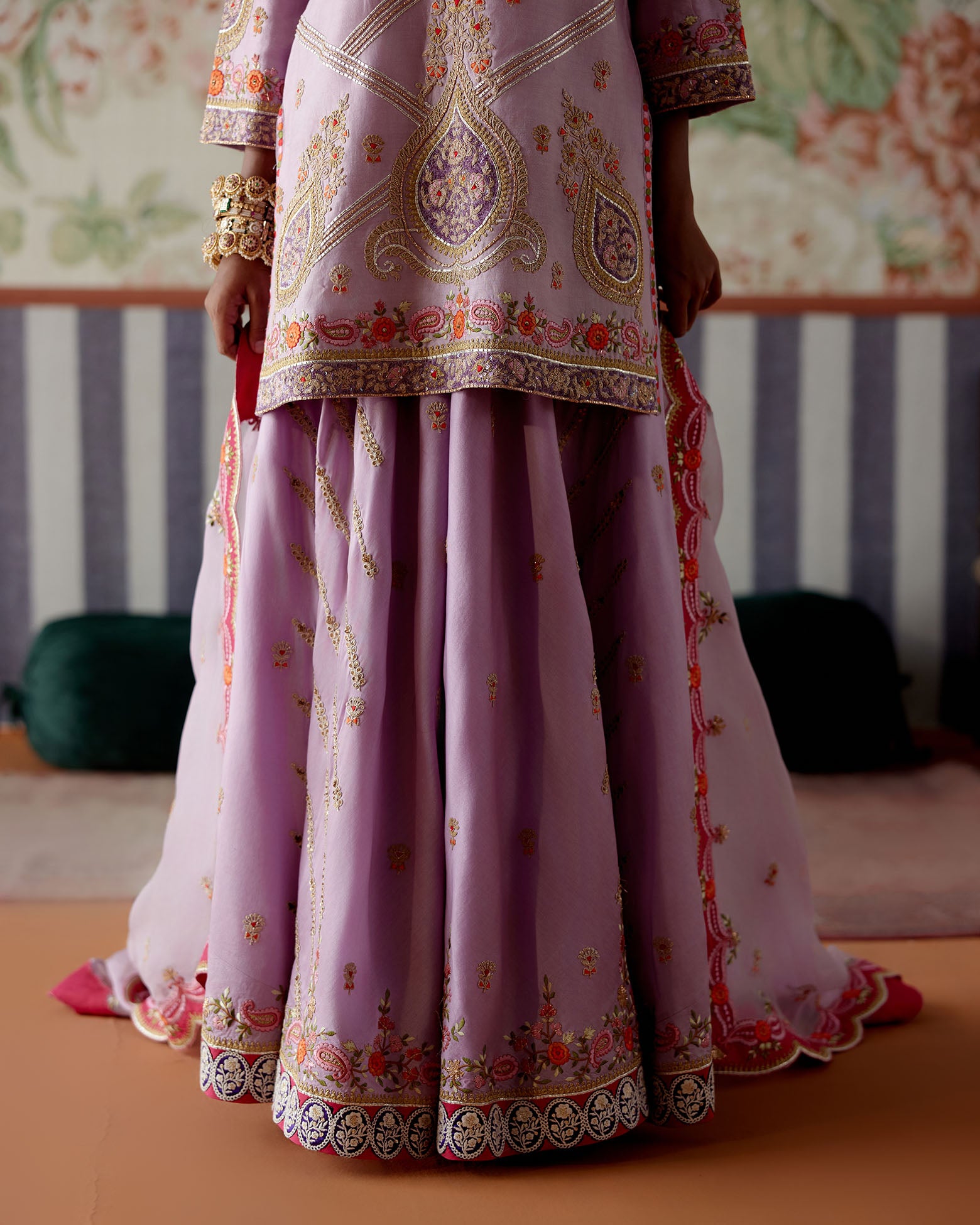 Gota ,Thread , Marori and Sequin embroidered kurta with Embroidered Sharara alongwith organza dupattta