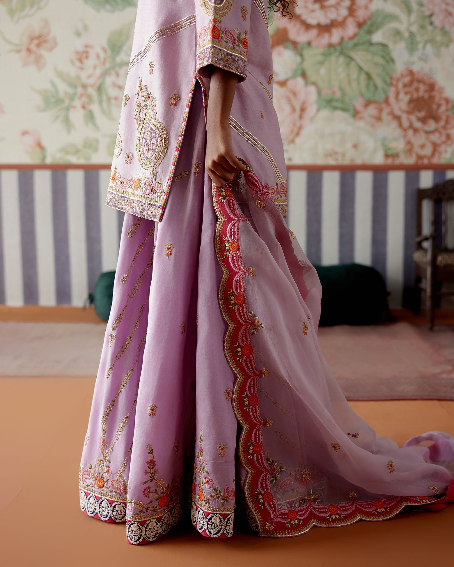 Gota ,Thread , Marori and Sequin embroidered kurta with Embroidered Sharara alongwith organza dupattta