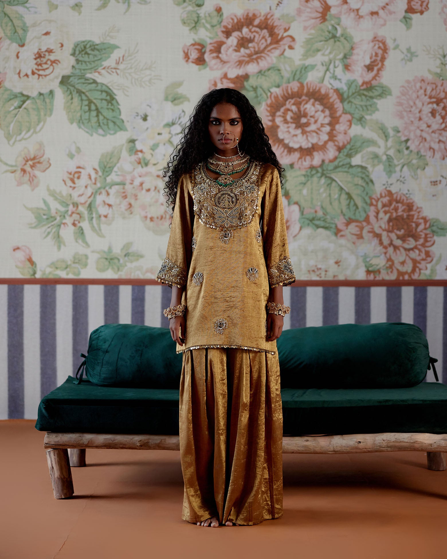 All Gold Handwoven Tissue kurta with embroidered yoke with pants