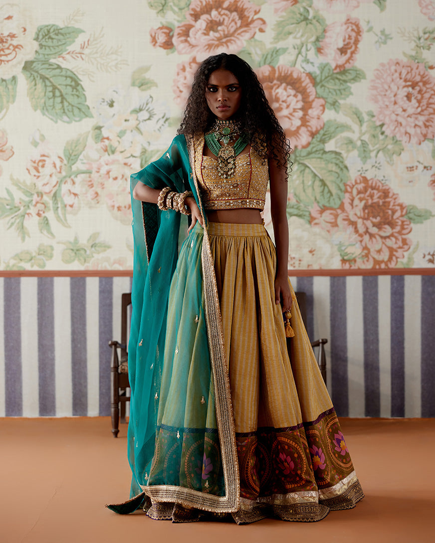 Handwoven Tissue Banarasi lehenga with paithani border, Embroidered blouse and contrast dupatta with marori embroidery