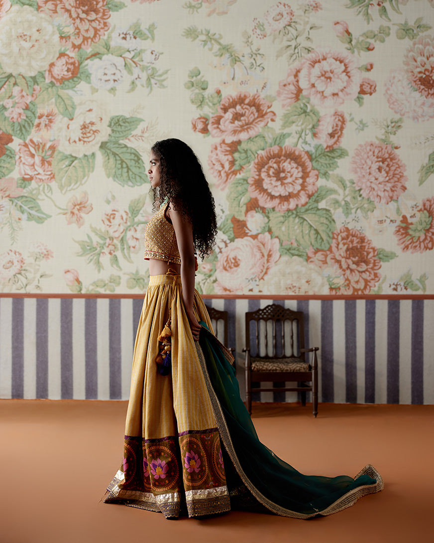 Handwoven Tissue Banarasi lehenga with paithani border, Embroidered blouse and contrast dupatta with marori embroidery