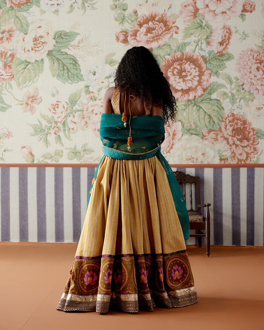 Handwoven Tissue Banarasi lehenga with paithani border, Embroidered blouse and contrast dupatta with marori embroidery