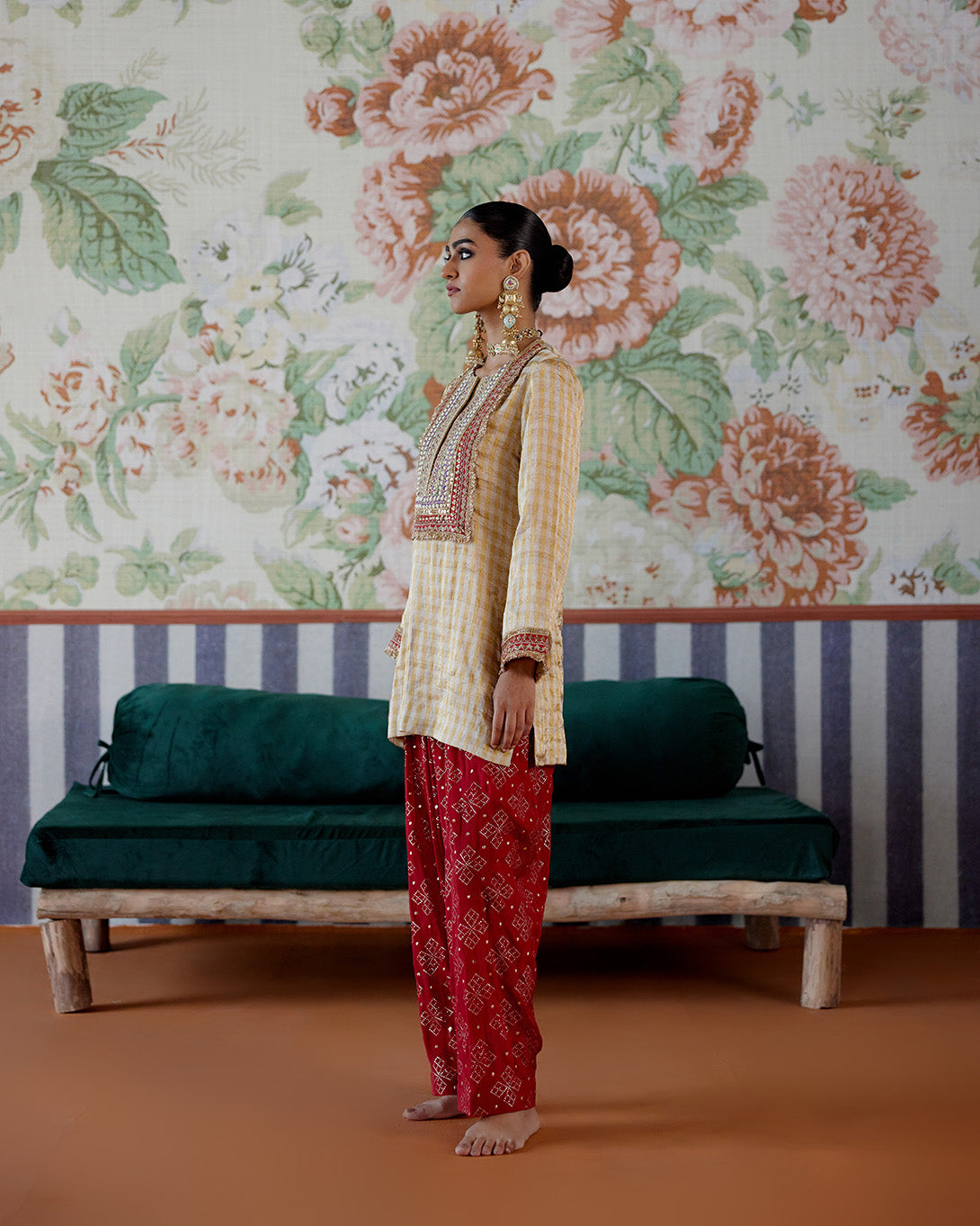 Short Tissue Kurta with shimmer and Marori embroideries, shimmer Red dhoti