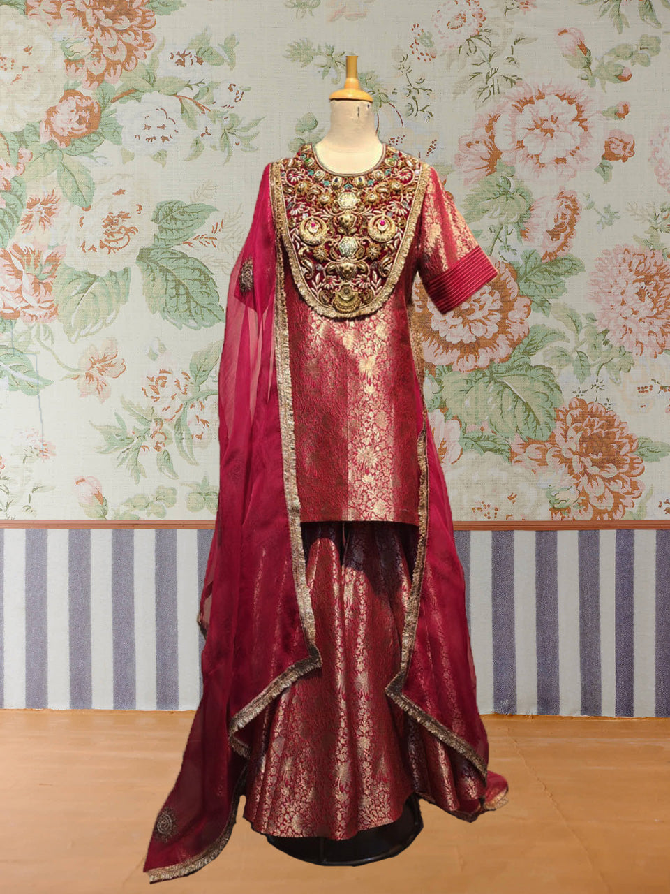 Short Brocade Kurta with Embroidered jewelled Yoke , Sharara & Organza Dupatta