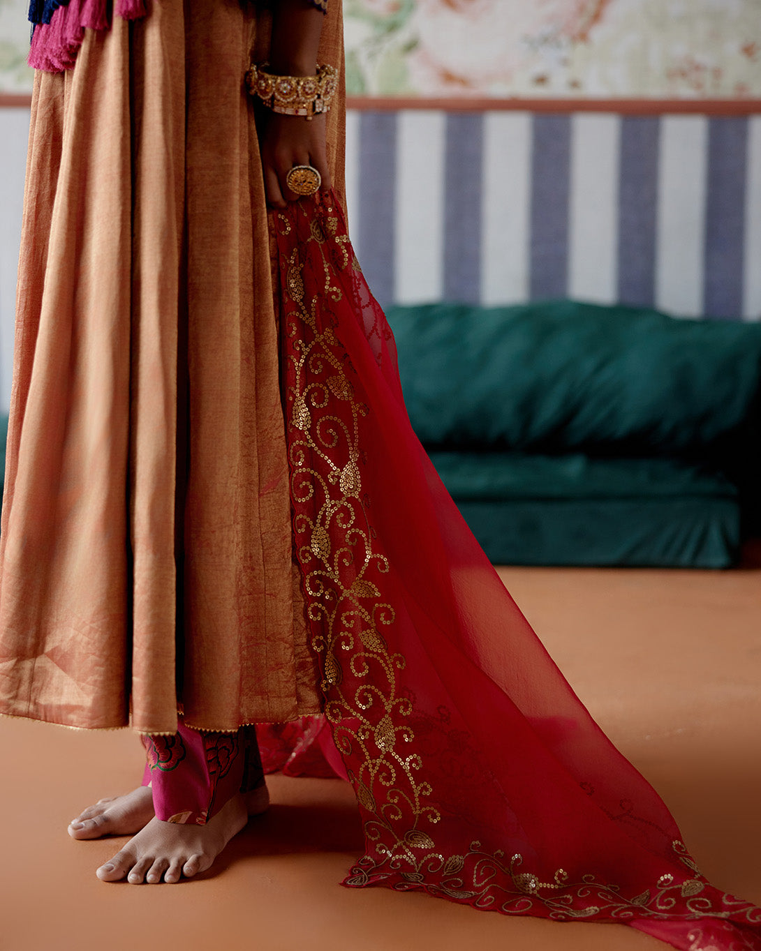 Tissue Anarkali kurta with Embroidered velvet yoke, Tissue Pants and Organza dupatta with embroidery