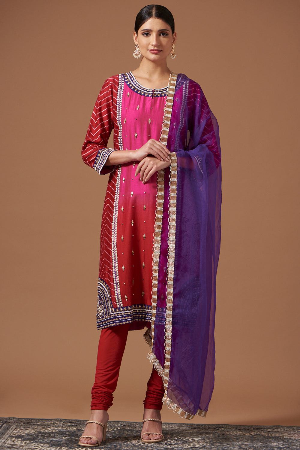 Ombre Panelled Kurta With Bandhej, Churidaar & Dupatta