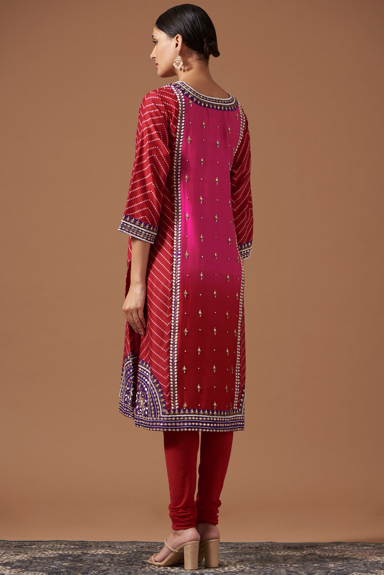 Ombre Panelled Kurta With Bandhej, Churidaar & Dupatta