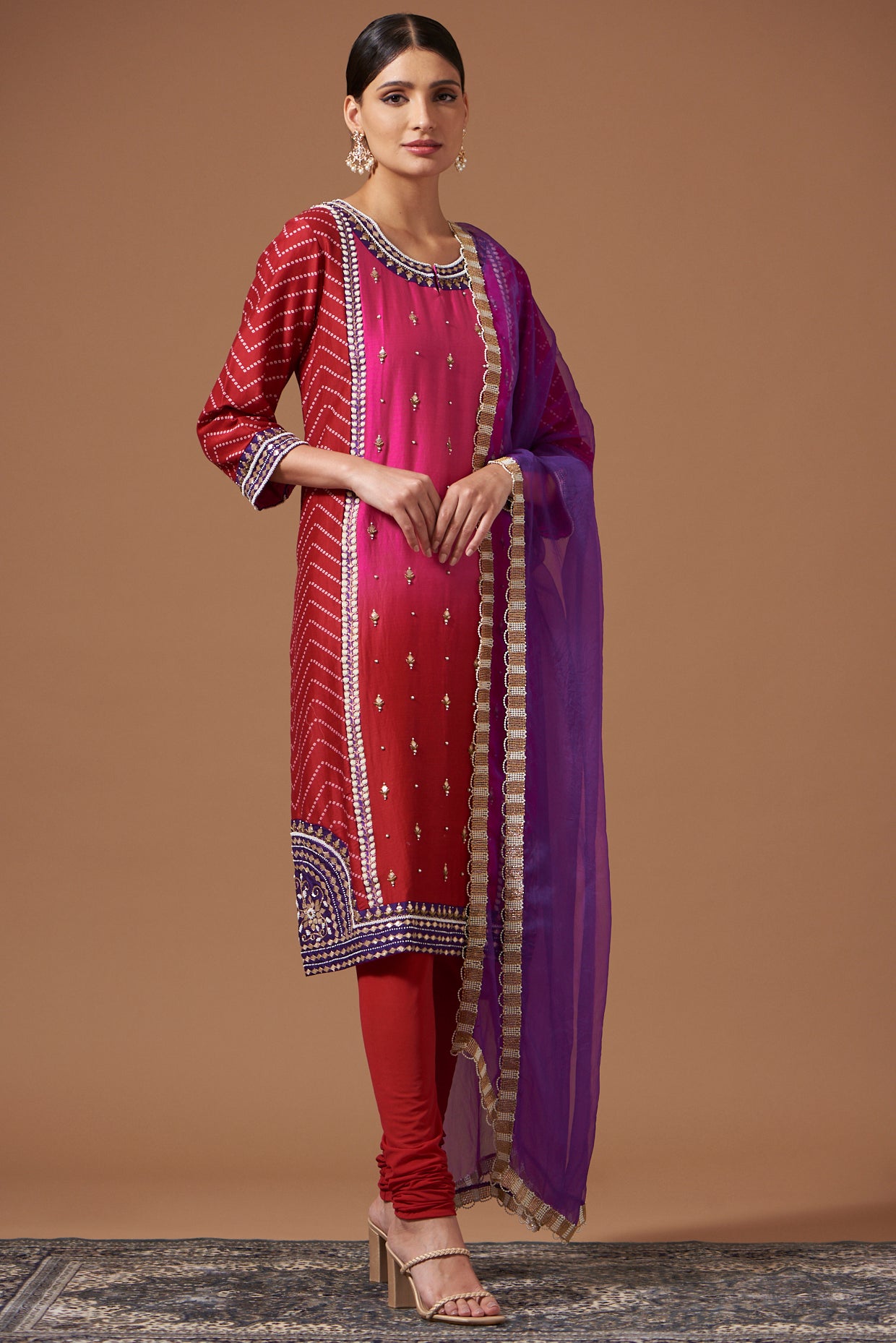 Ombre Panelled Kurta With Bandhej, Churidaar & Dupatta