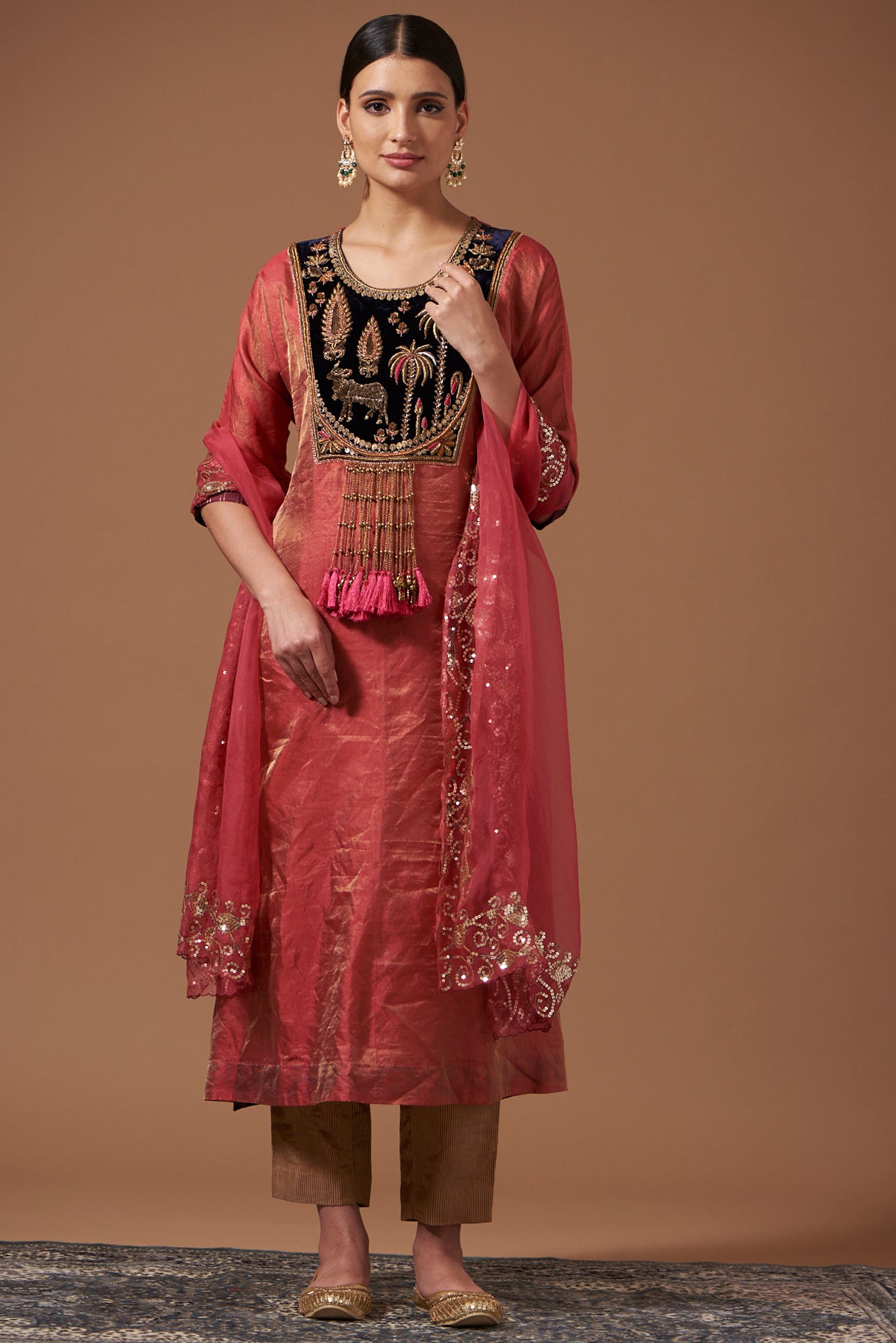 Pink Tissue Kurta with Embroidered Velvet Yoke, Printed Pants & Dupatta