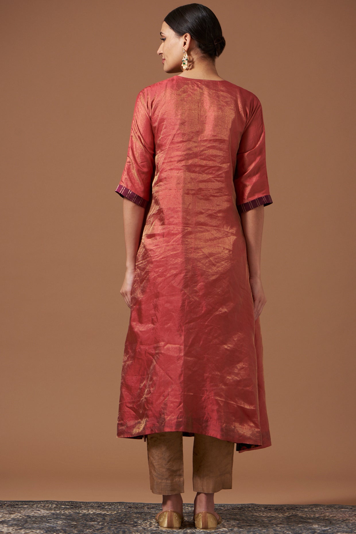 Pink Tissue Kurta with Embroidered Velvet Yoke, Printed Pants & Dupatta