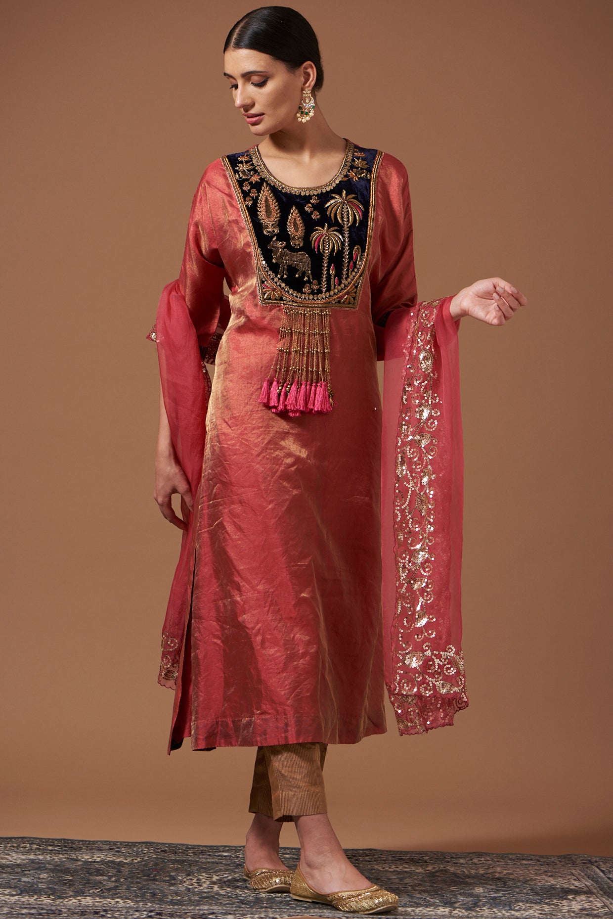 Pink Tissue Kurta with Embroidered Velvet Yoke, Printed Pants & Dupatta