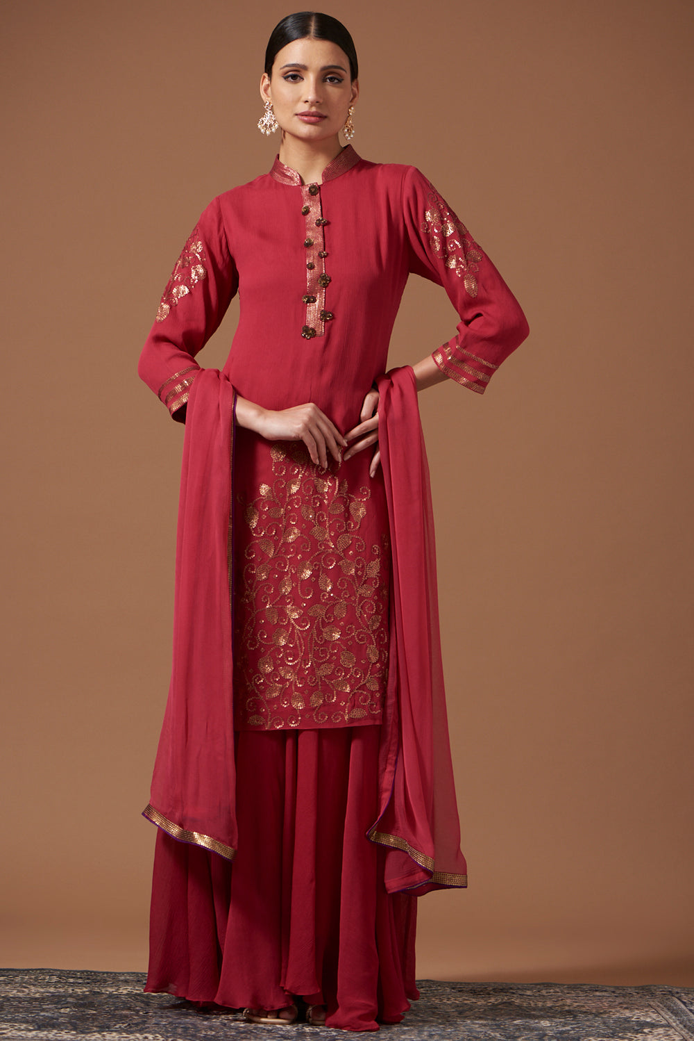 Wine Chiffon Kurta With Chiffon Pallazos & Net Dupatta