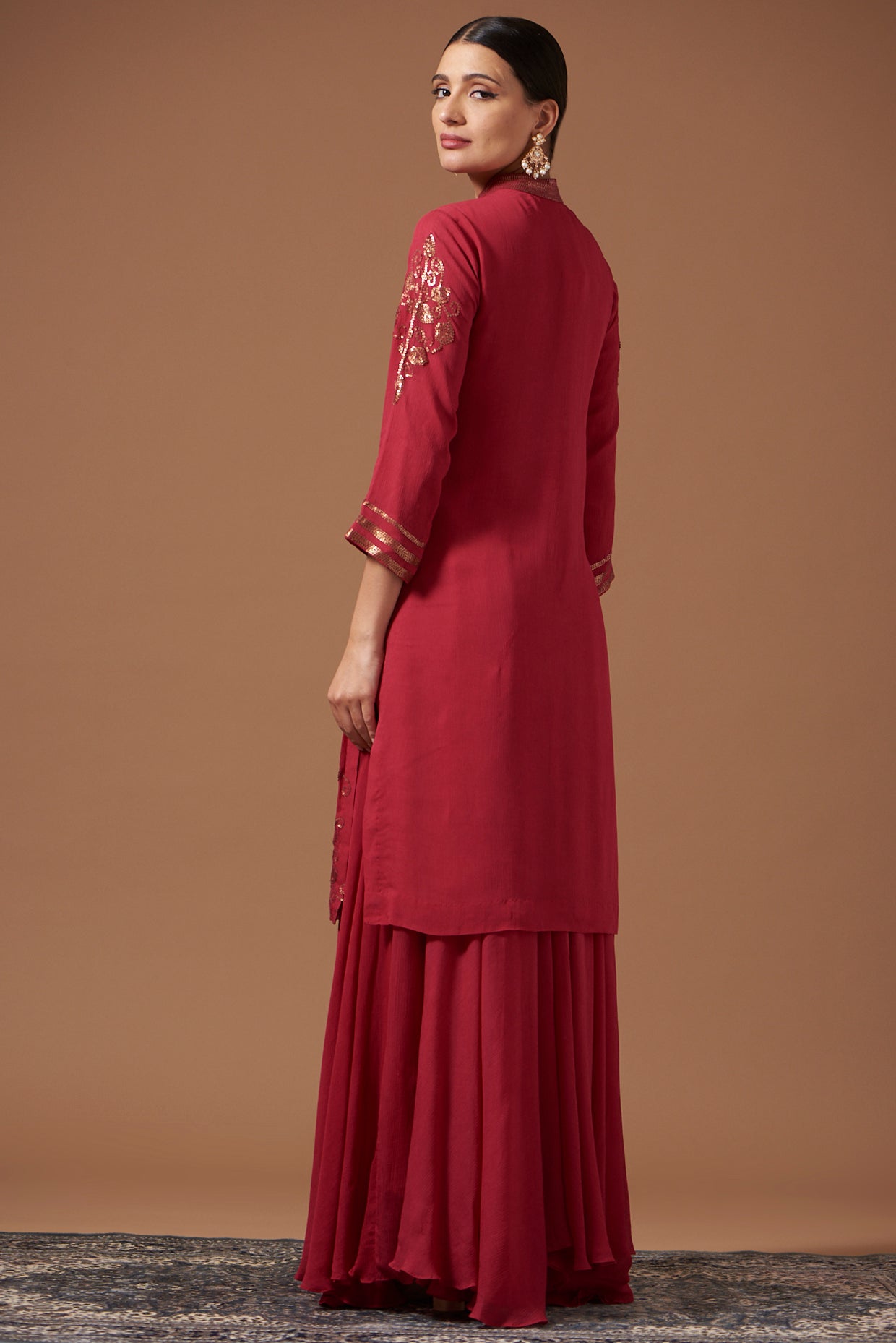 Wine Chiffon Kurta With Chiffon Pallazos & Net Dupatta