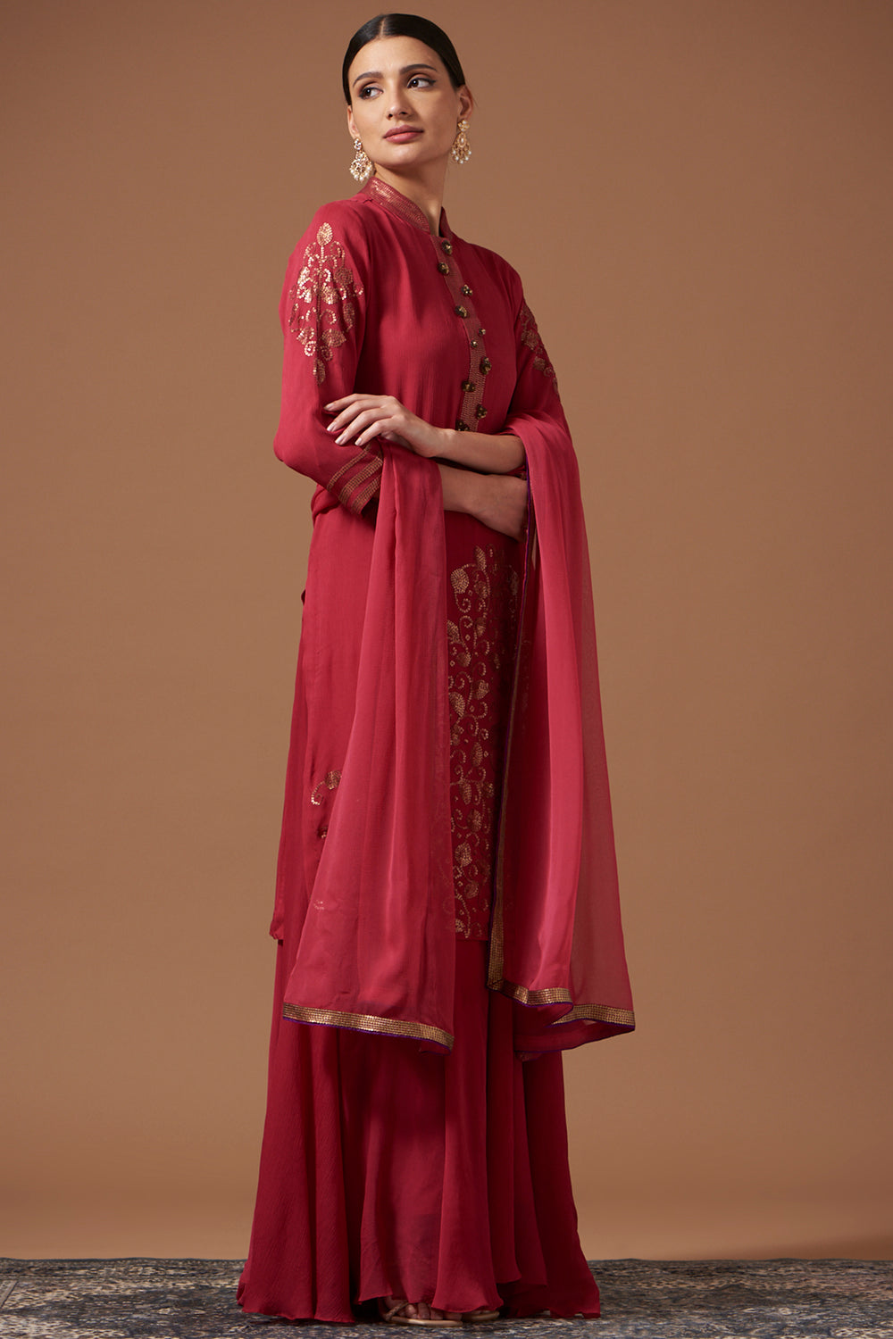 Wine Chiffon Kurta With Chiffon Pallazos & Net Dupatta