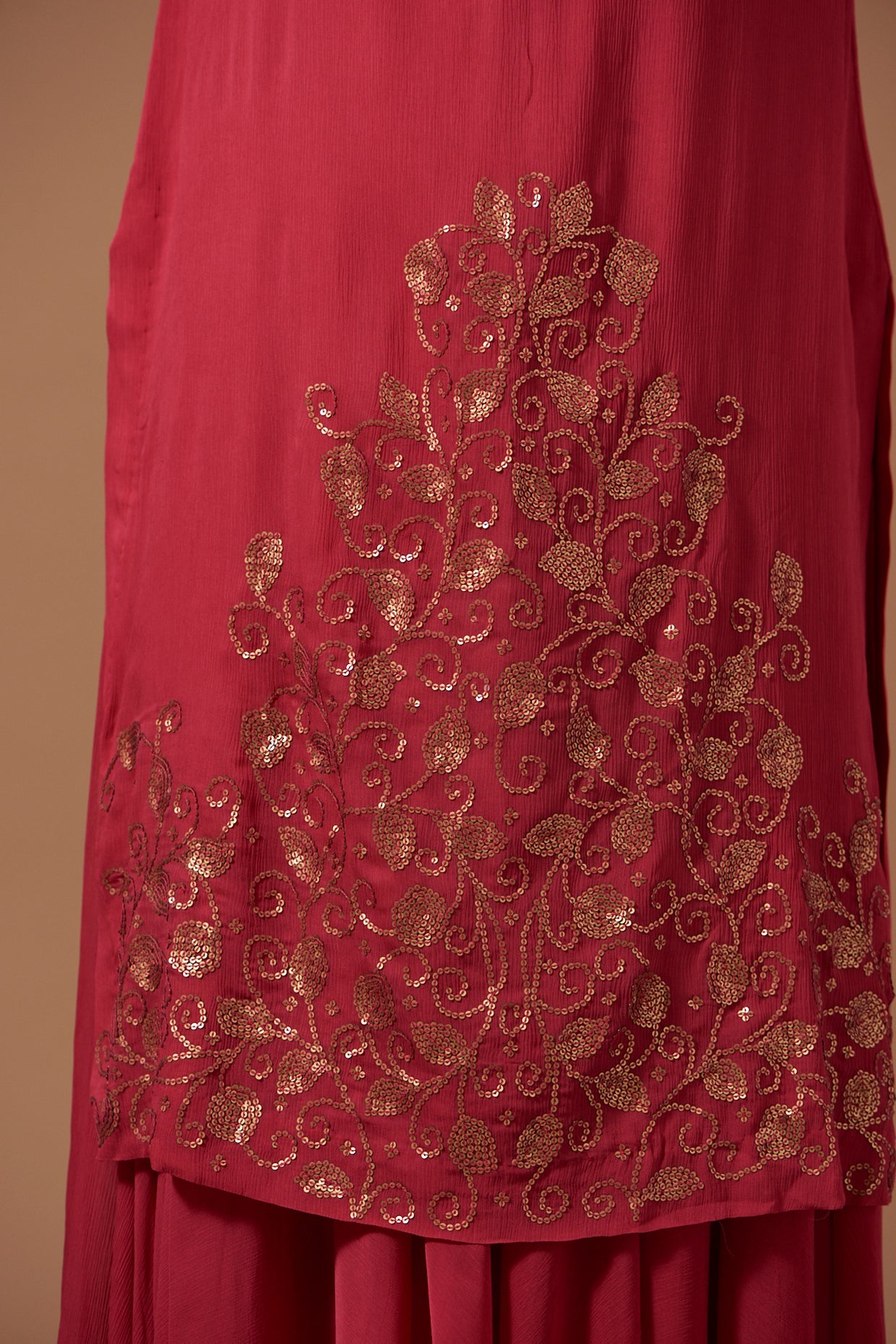 Wine Chiffon Kurta With Chiffon Pallazos & Net Dupatta