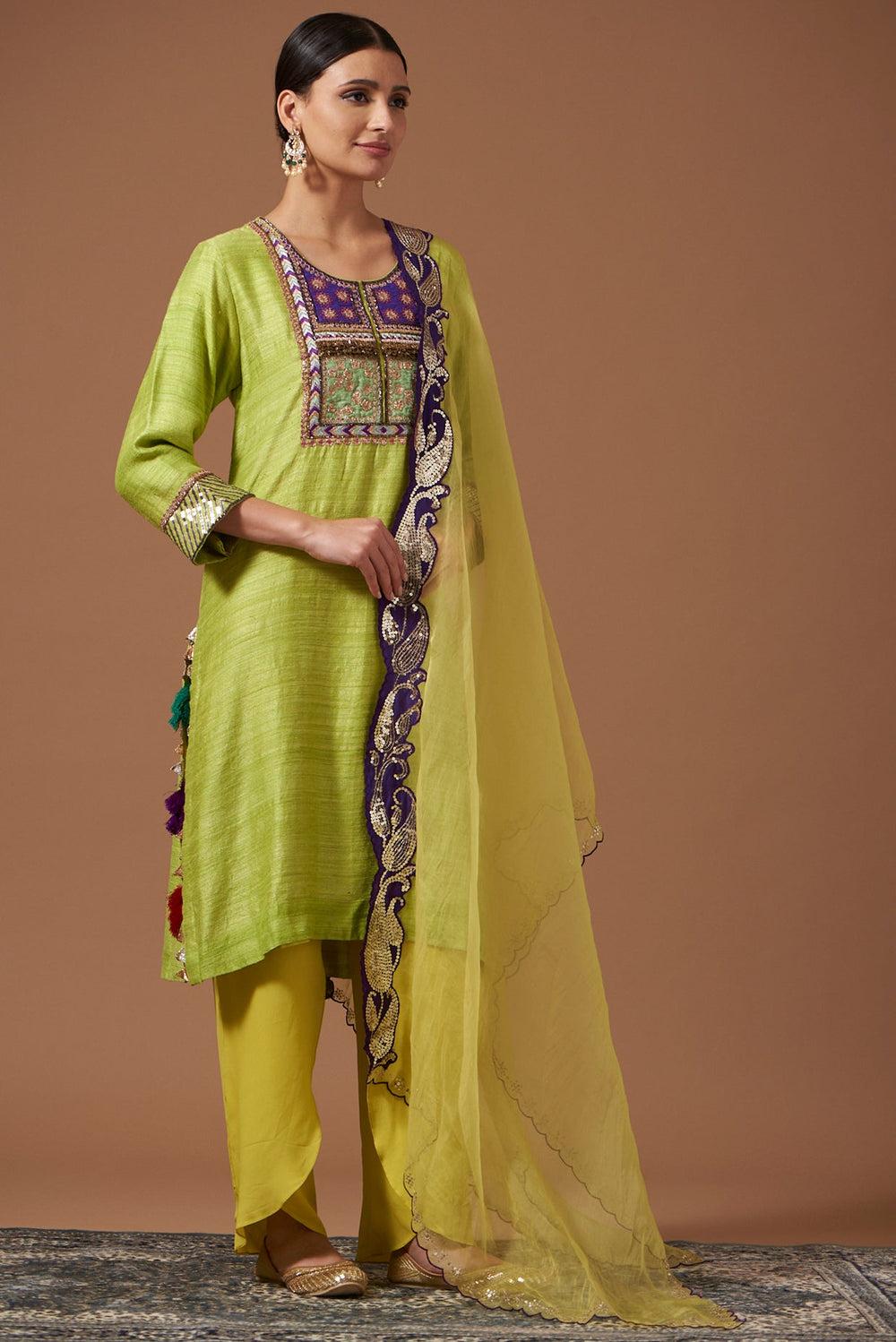 Tussar Silk Kurta With Drape Dhoti Pants & Dupatta