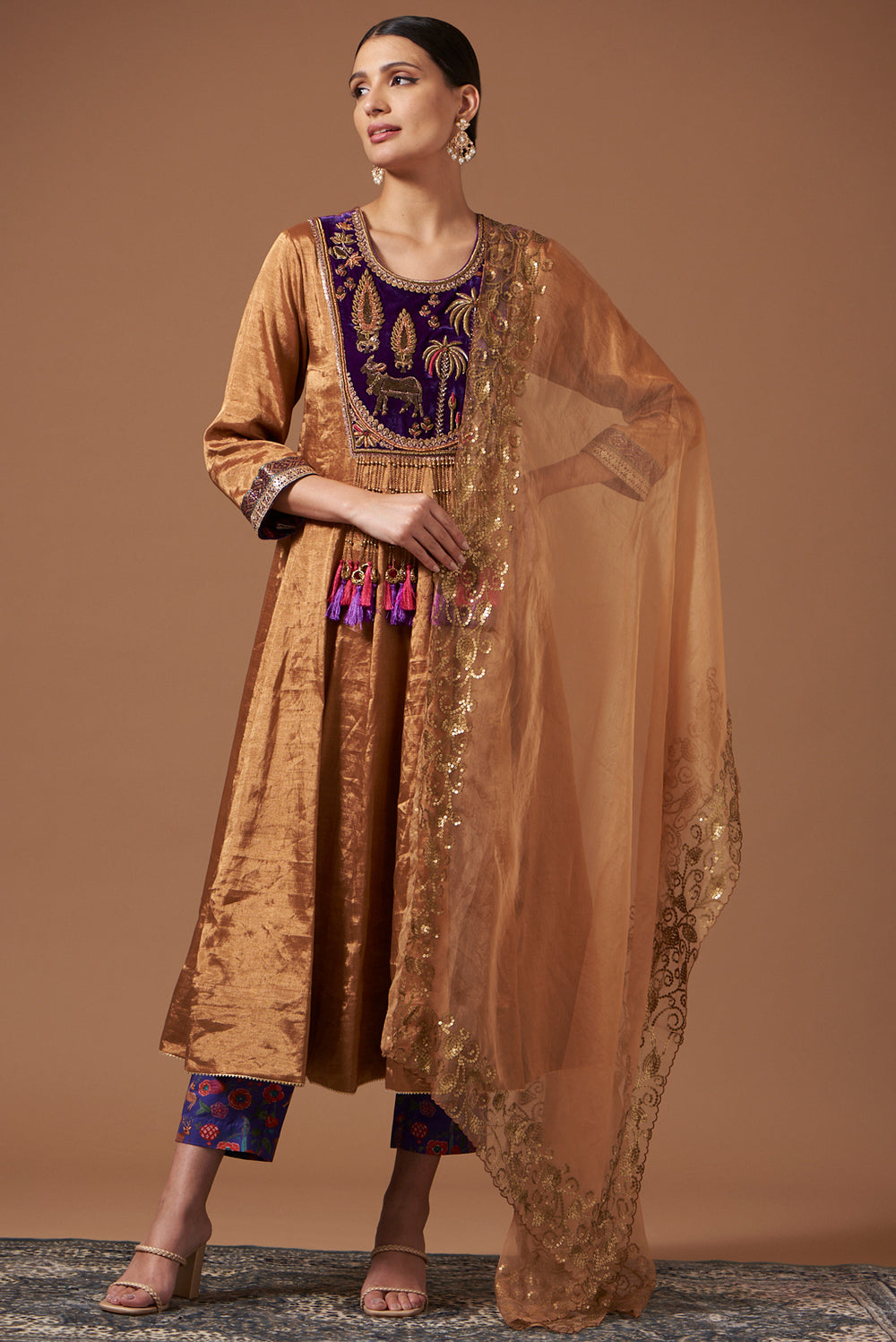 Gold Tissue Anarkali with Embroidered Velvet Yoke & Dupatta