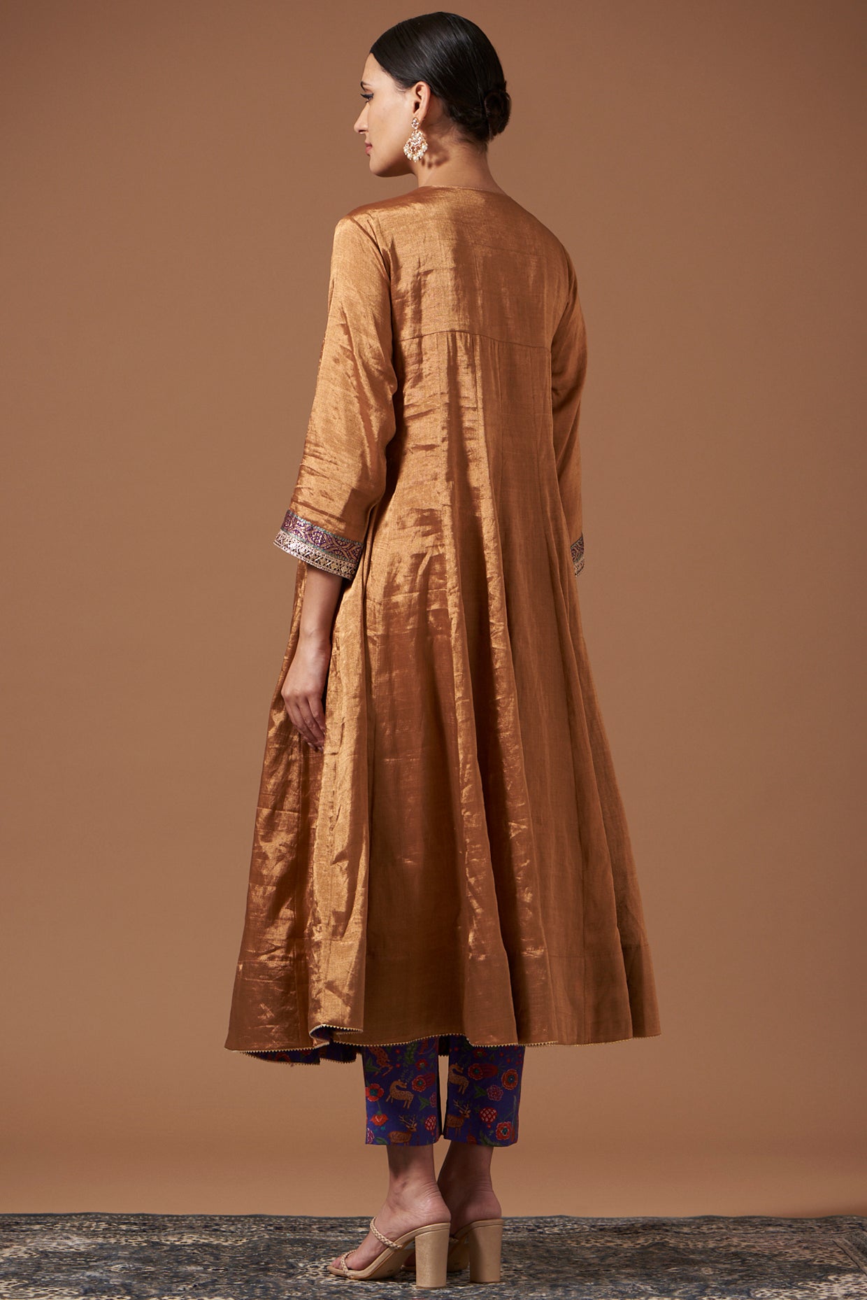 Gold Tissue Anarkali with Embroidered Velvet Yoke & Dupatta