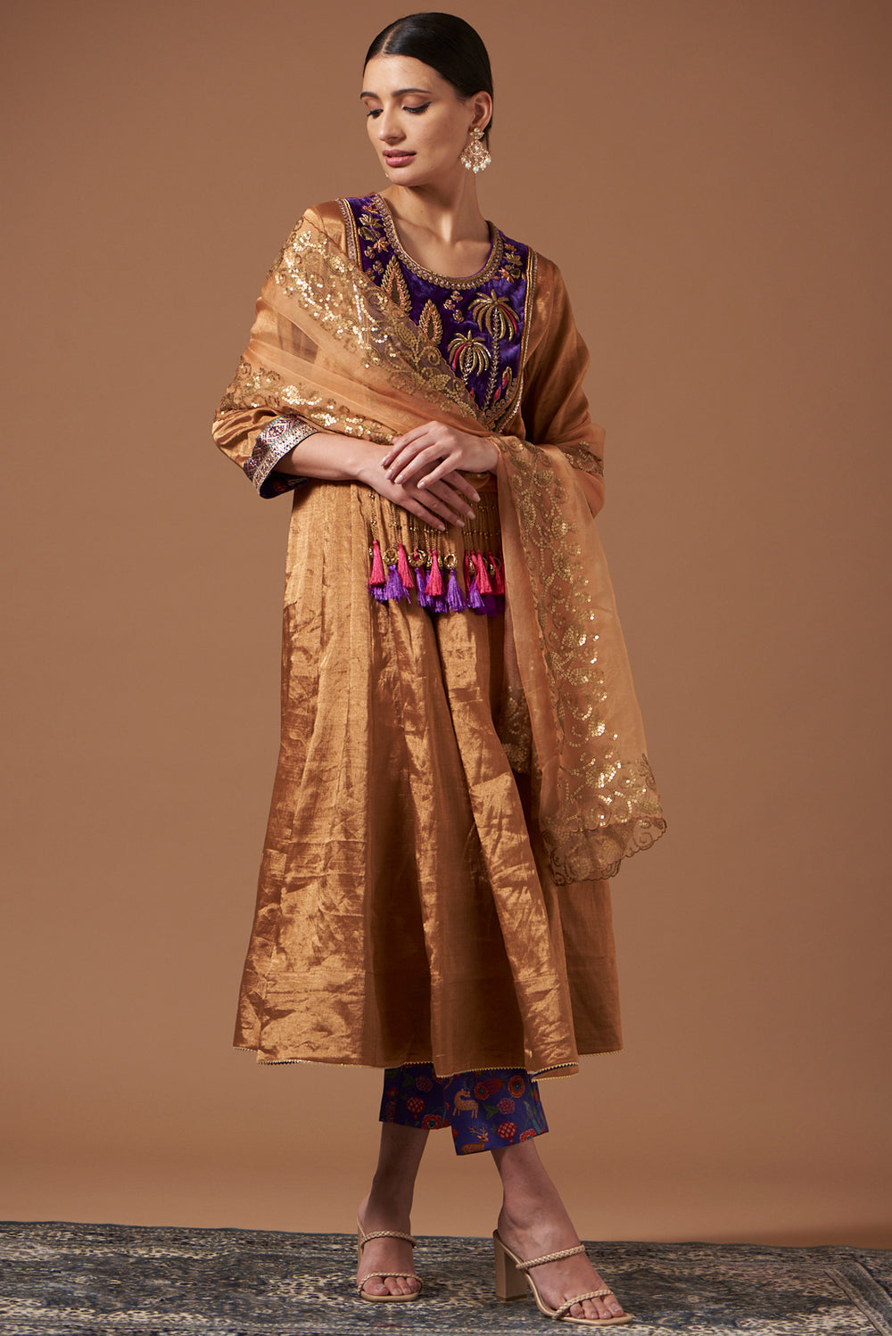 Gold Tissue Anarkali with Embroidered Velvet Yoke & Dupatta